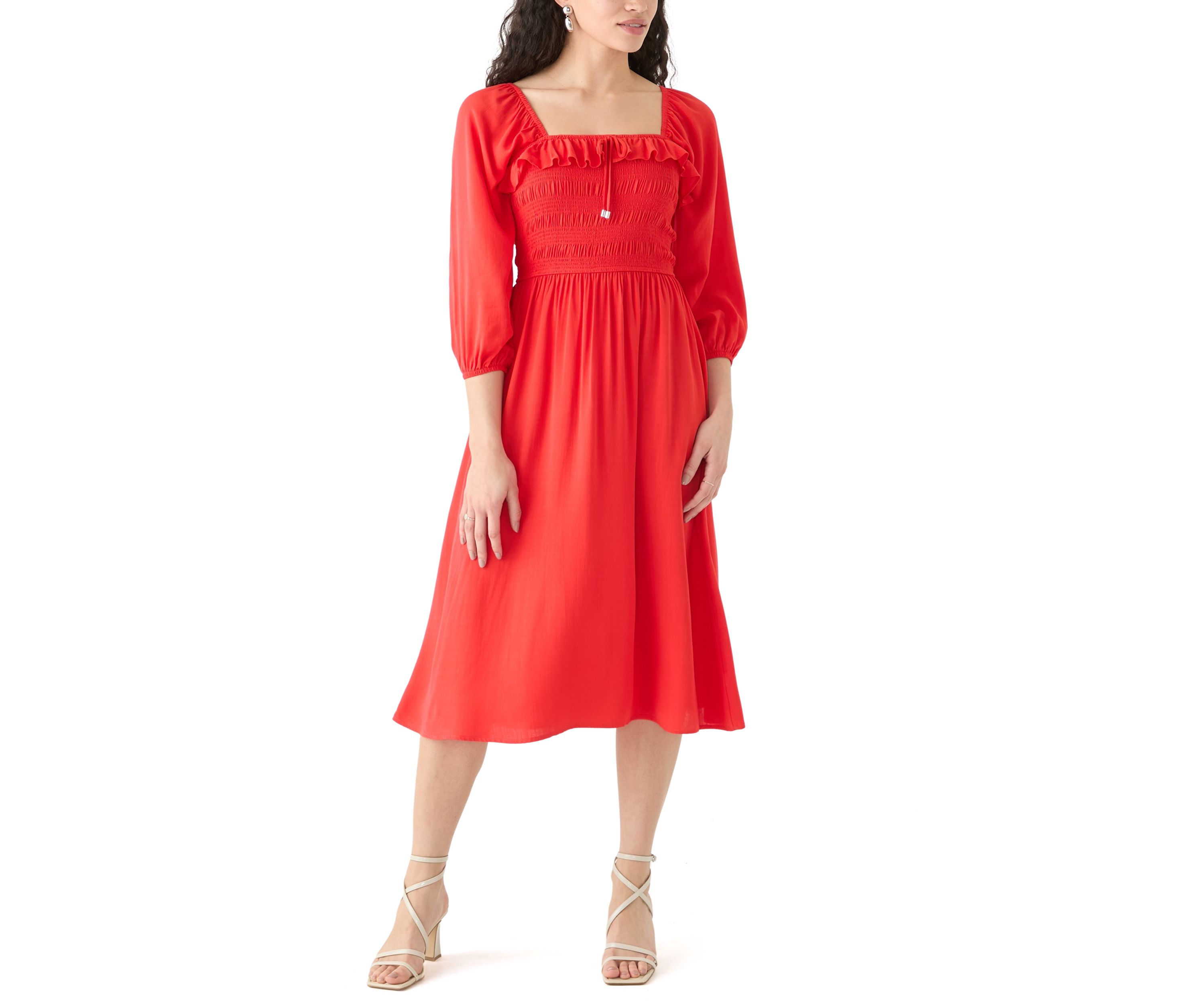 Womens Smocked Midi Dress with Front Ruffle 
