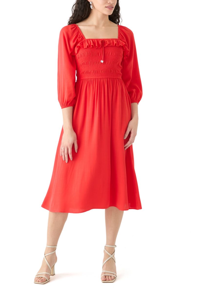Womens Smocked Midi Dress with Front Ruffle 