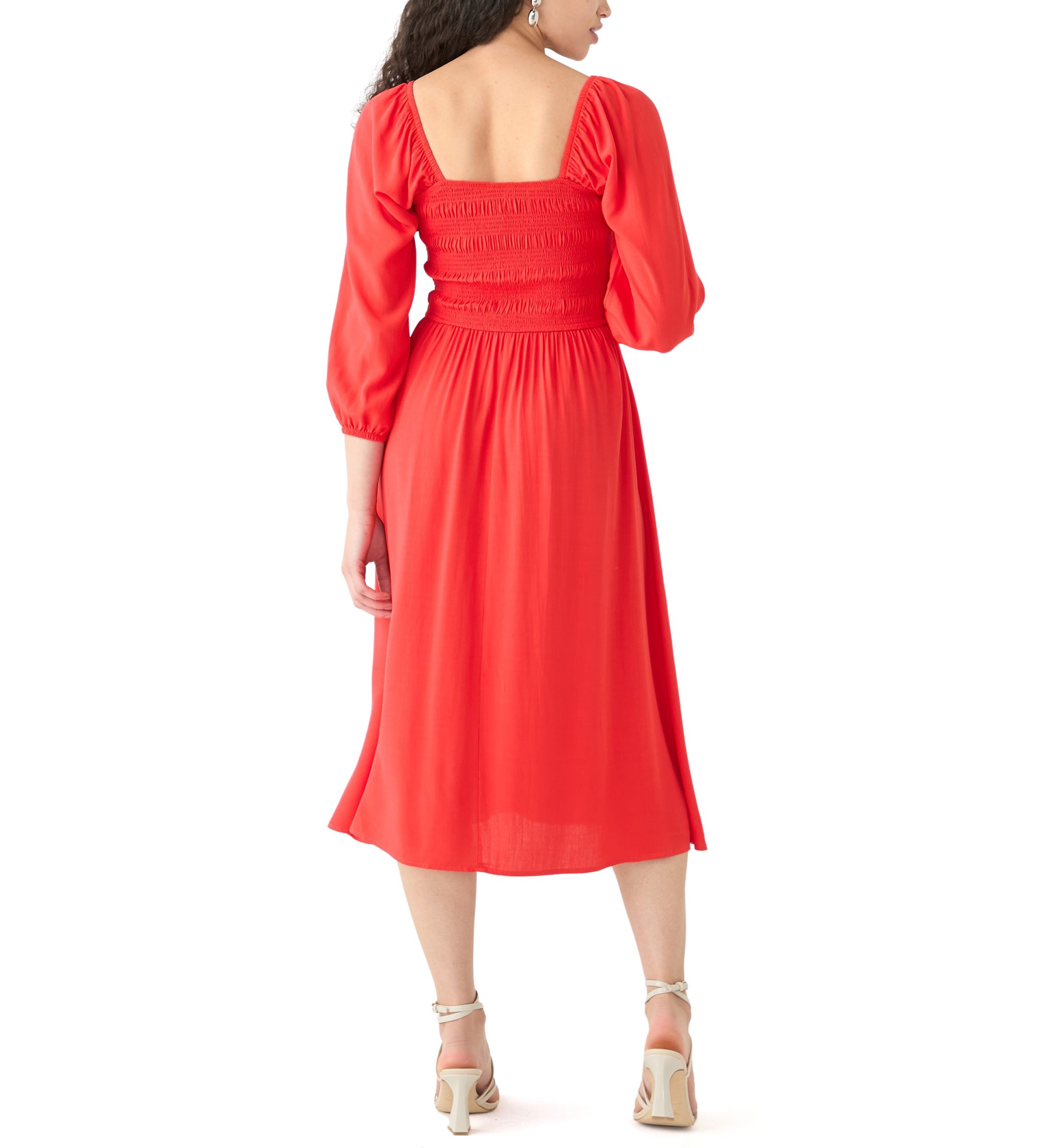 Womens Smocked Midi Dress with Front Ruffle 