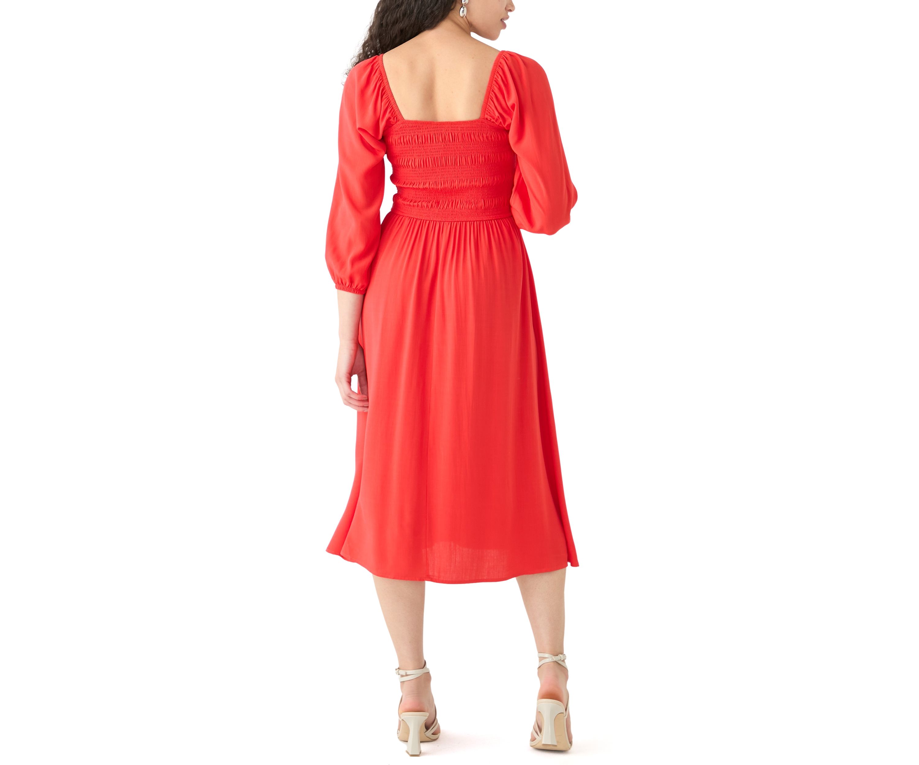 Womens Smocked Midi Dress with Front Ruffle 