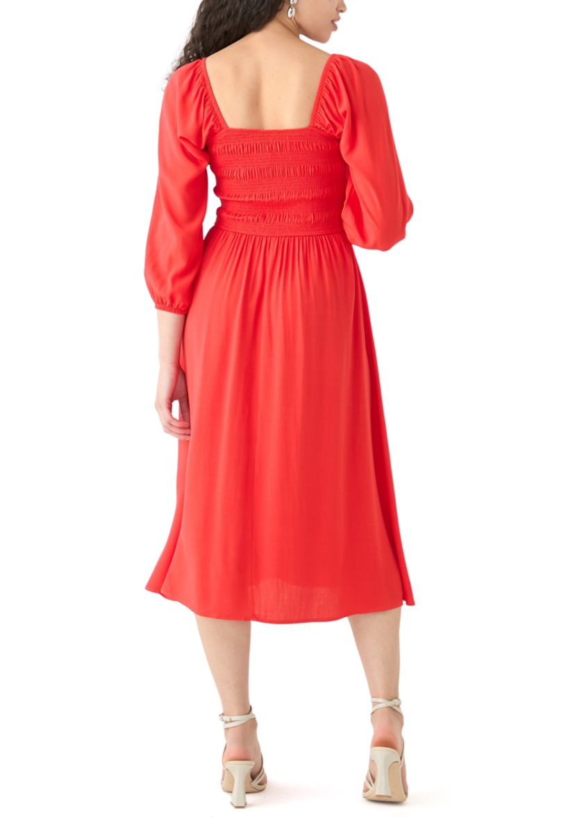 Womens Smocked Midi Dress with Front Ruffle 