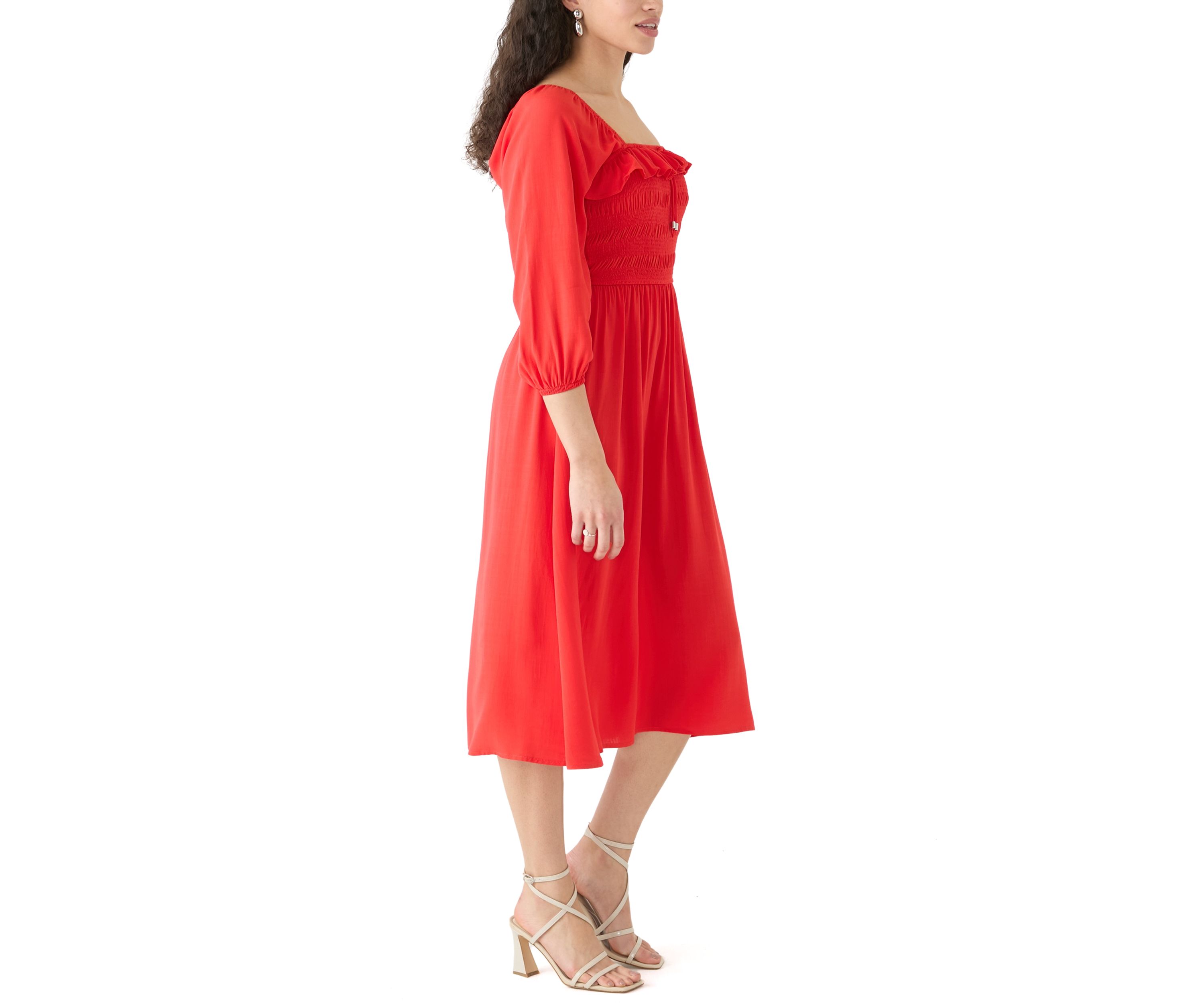 Womens Smocked Midi Dress with Front Ruffle 