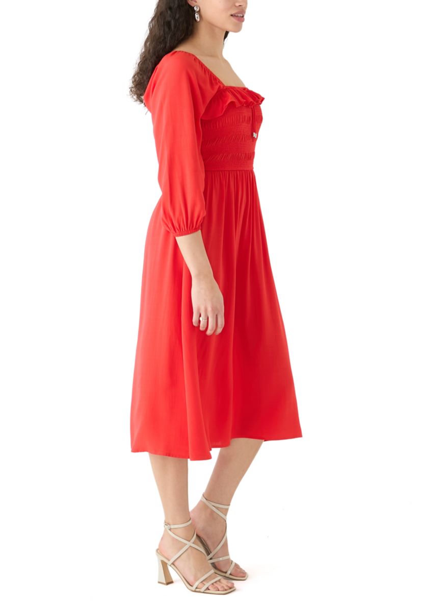 Womens Smocked Midi Dress with Front Ruffle 