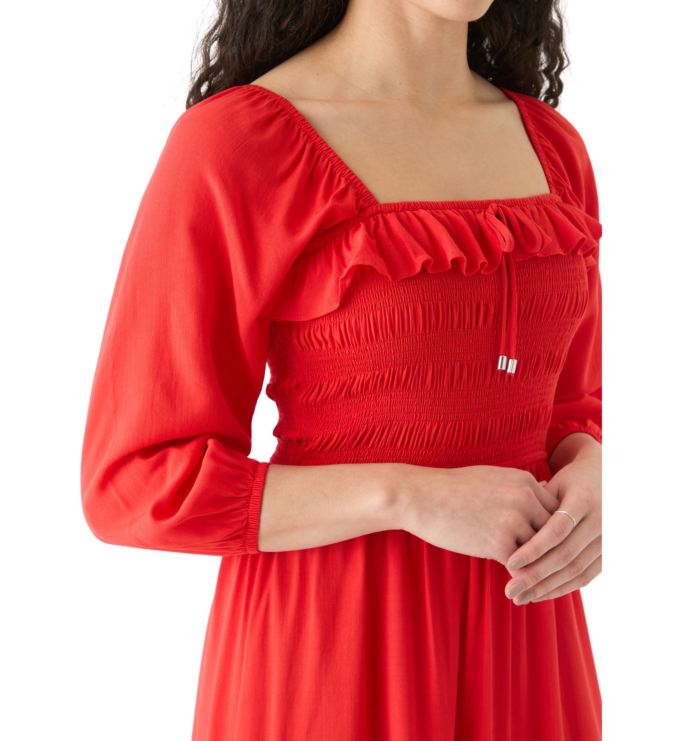 Womens Smocked Midi Dress with Front Ruffle 
