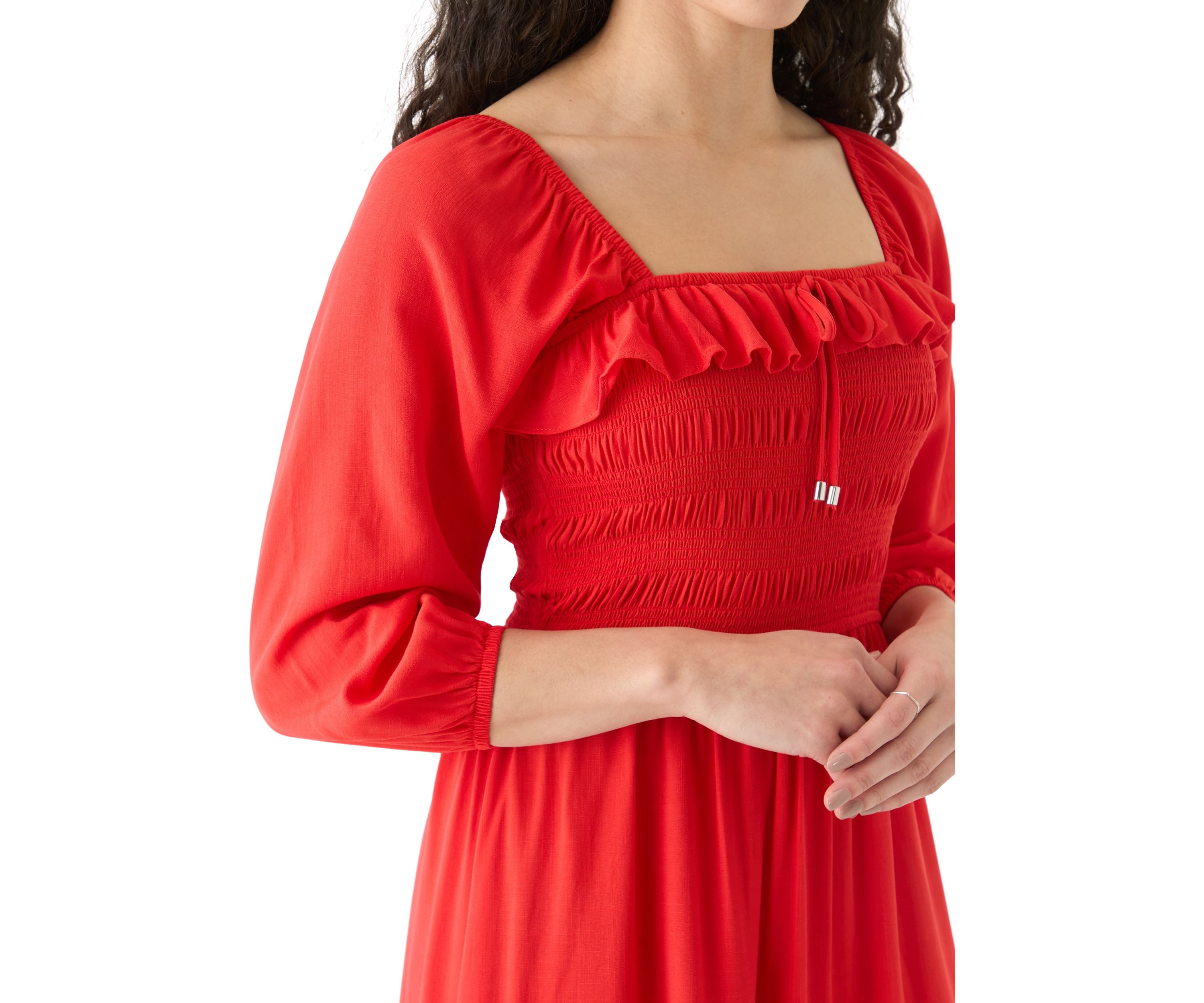 Womens Smocked Midi Dress with Front Ruffle 