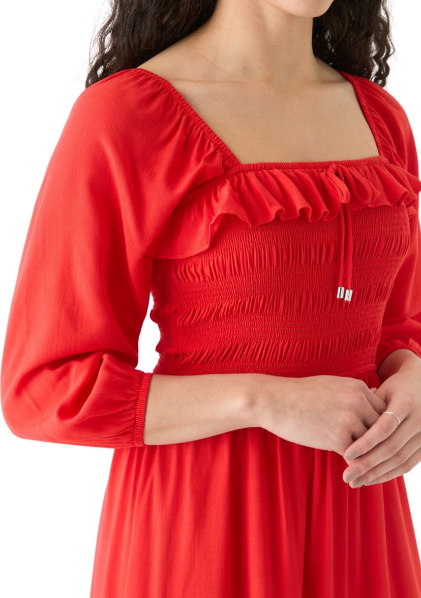 Womens Smocked Midi Dress with Front Ruffle 