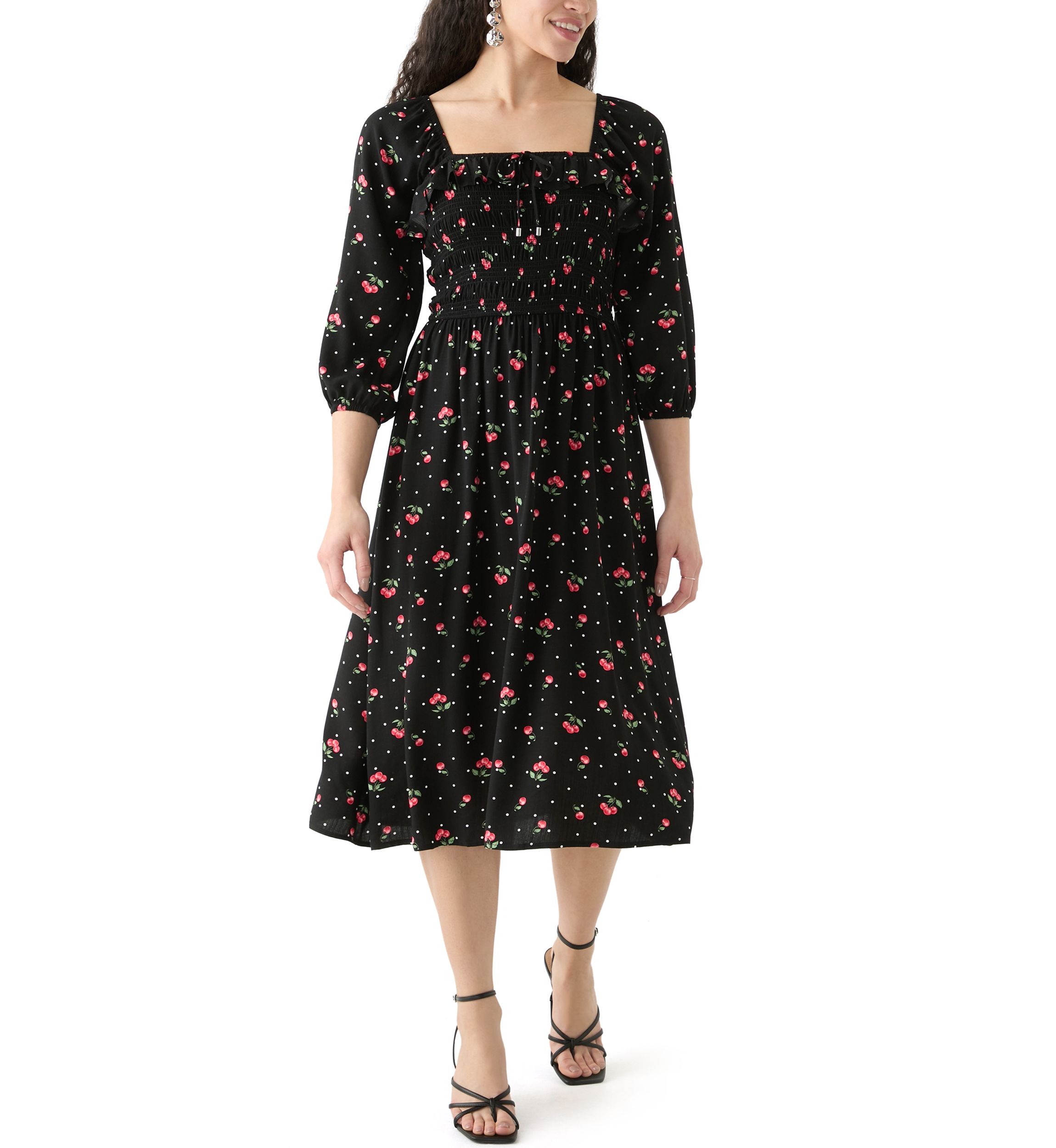 Womens Blouson Sleeve Smocked Midi Dress with Front Ruffle 
