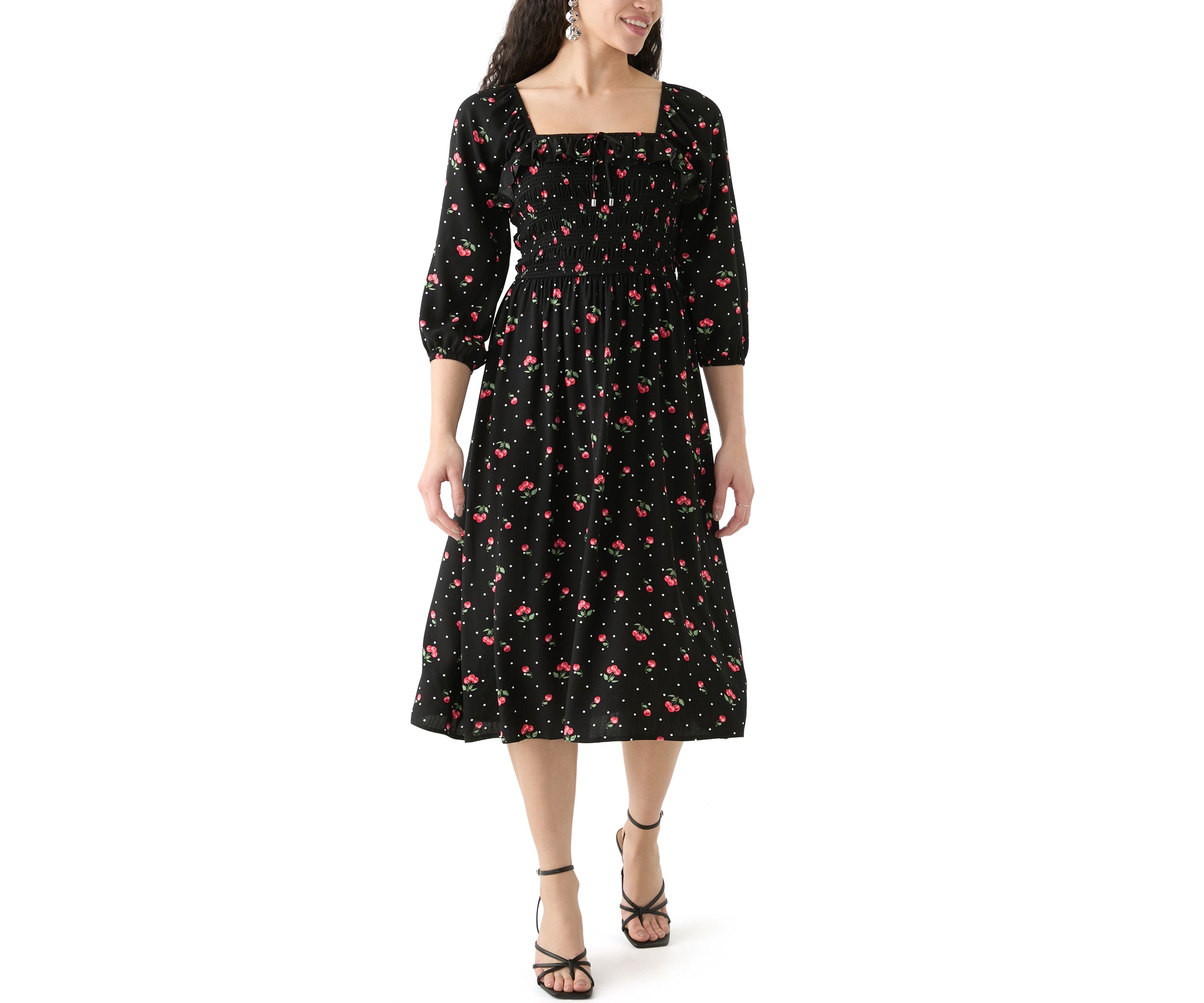 Womens Blouson Sleeve Smocked Midi Dress with Front Ruffle 