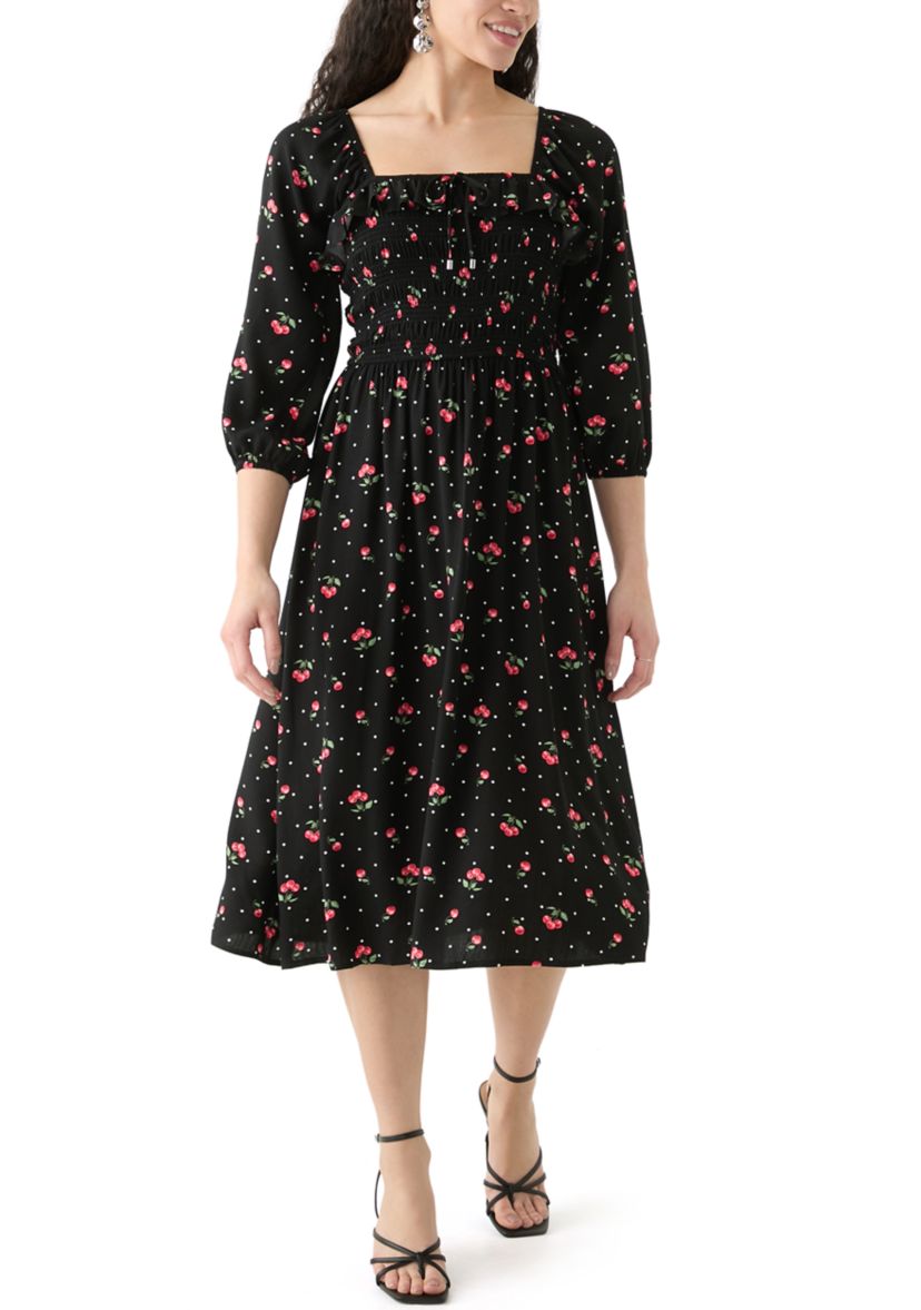 Womens Blouson Sleeve Smocked Midi Dress with Front Ruffle 