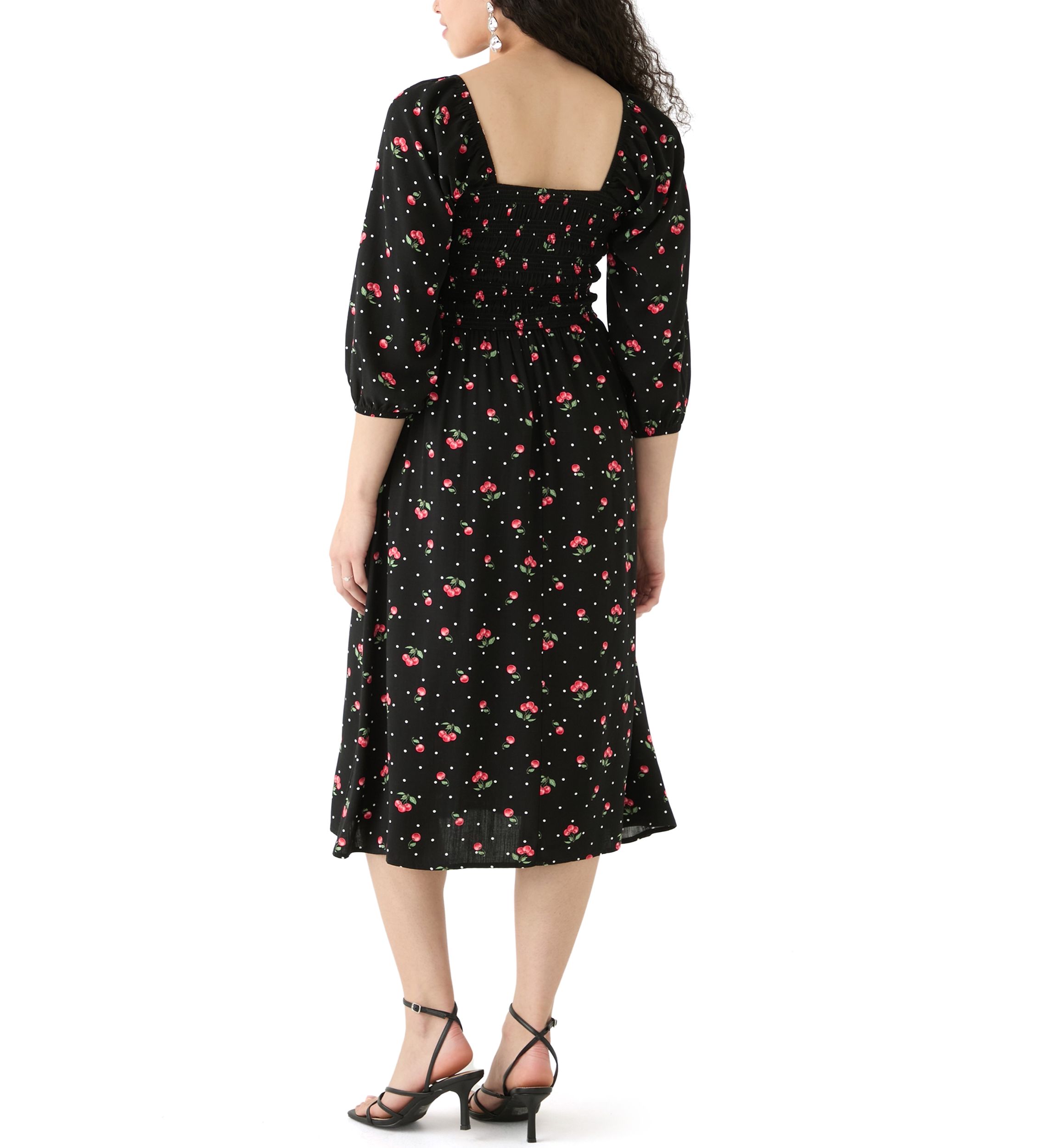 Womens Blouson Sleeve Smocked Midi Dress with Front Ruffle 