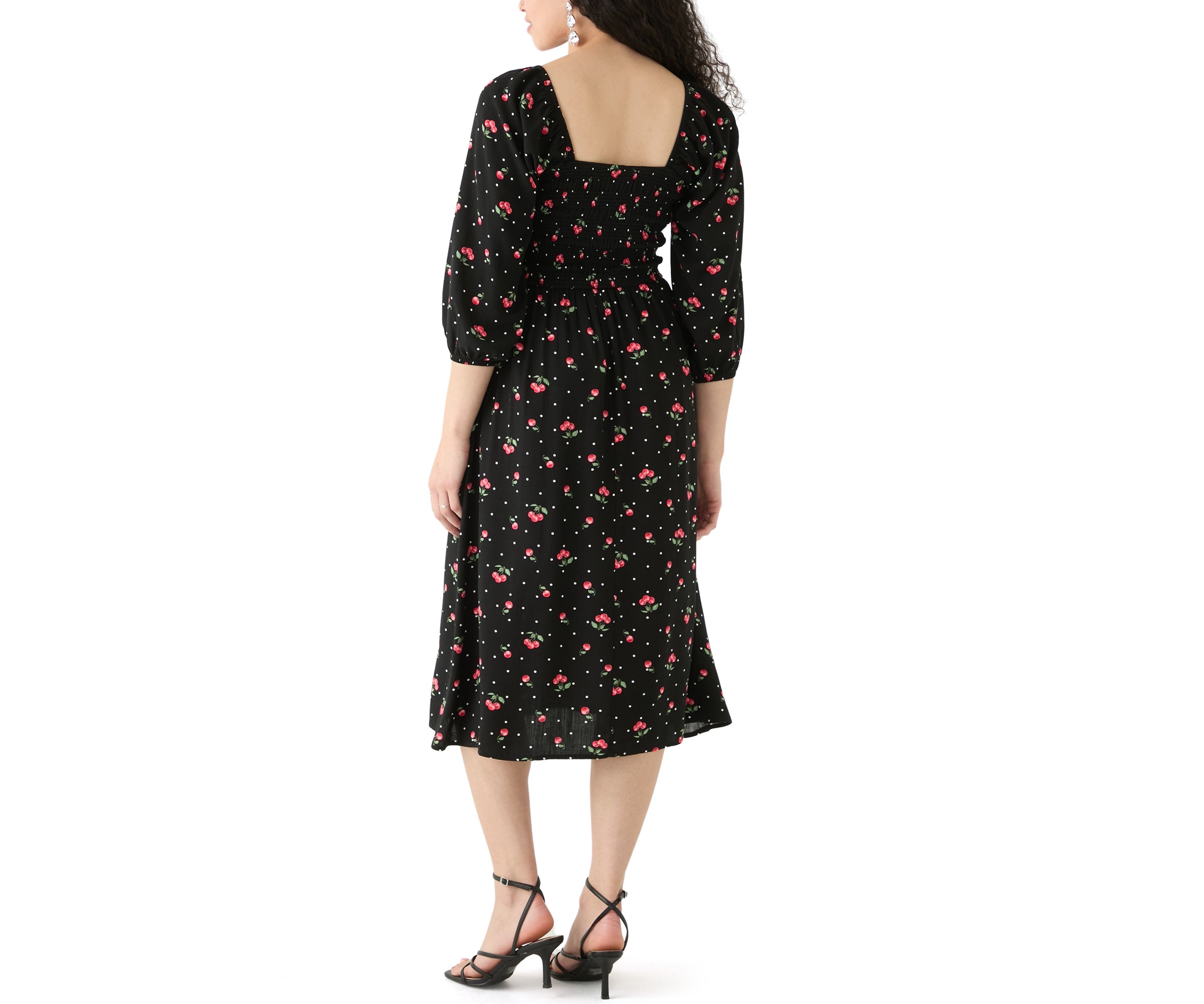 Womens Blouson Sleeve Smocked Midi Dress with Front Ruffle 