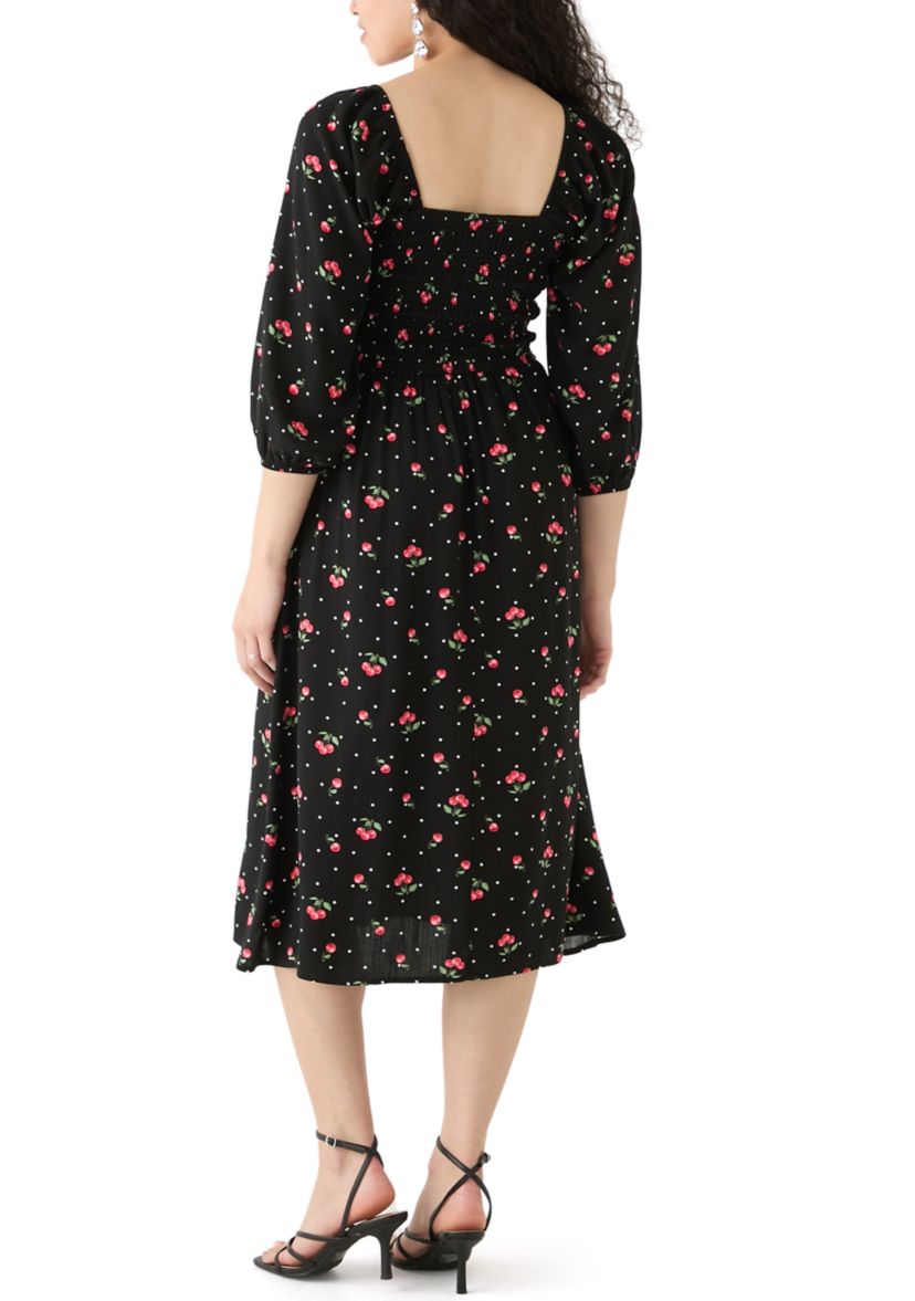 Womens Blouson Sleeve Smocked Midi Dress with Front Ruffle 