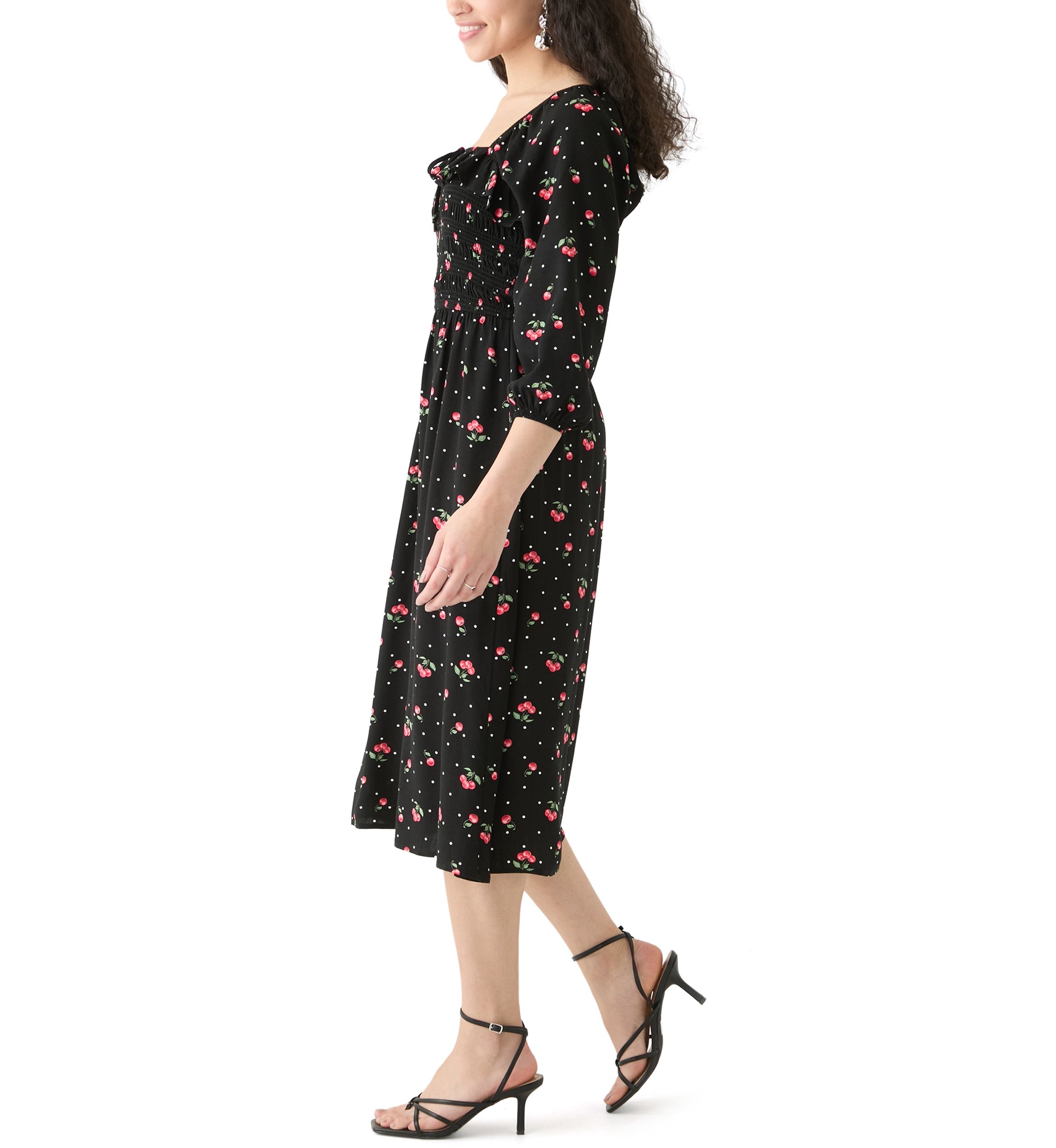 Womens Blouson Sleeve Smocked Midi Dress with Front Ruffle 