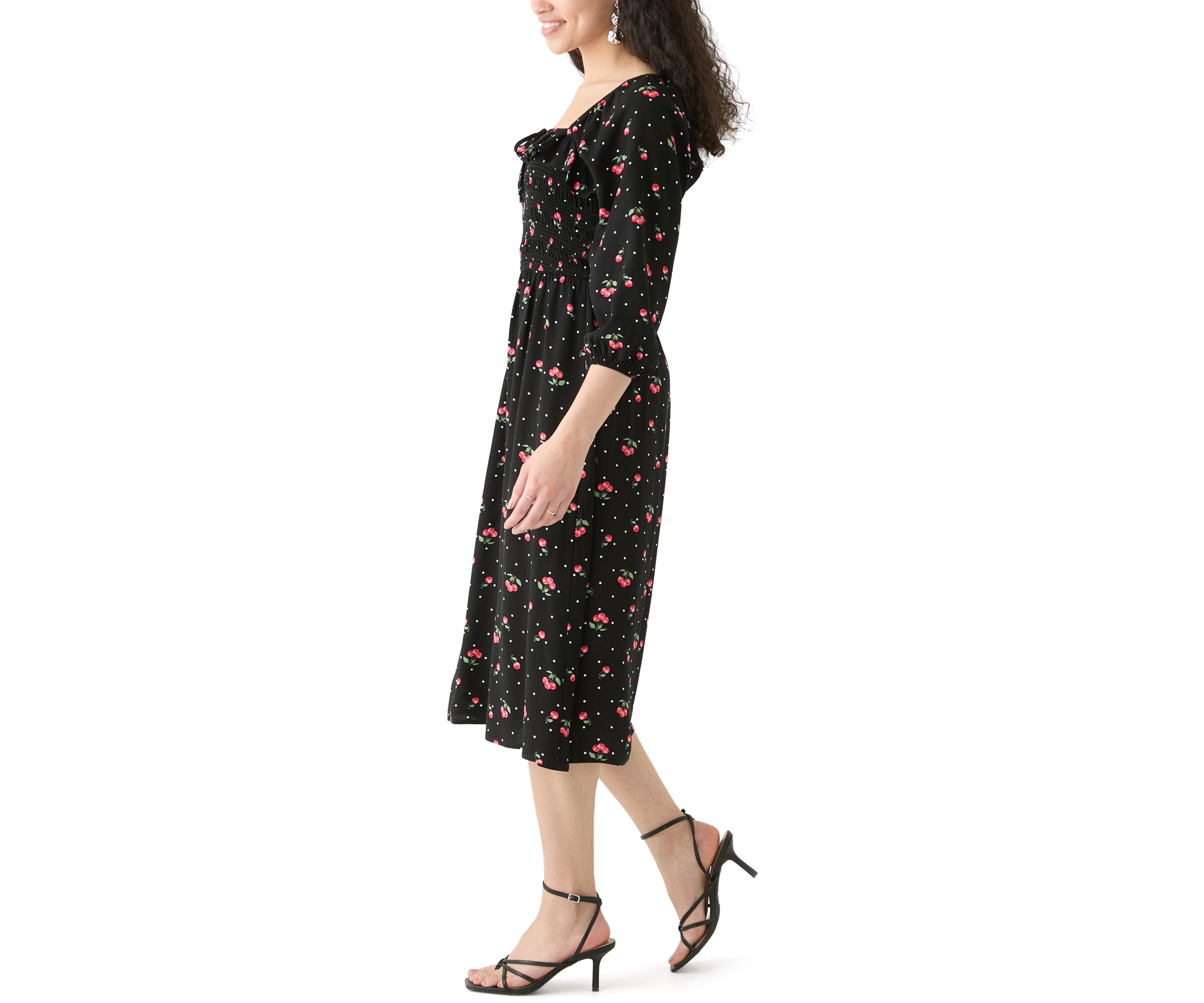 Womens Blouson Sleeve Smocked Midi Dress with Front Ruffle 