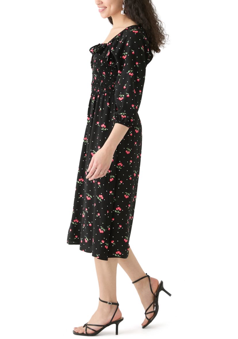 Womens Blouson Sleeve Smocked Midi Dress with Front Ruffle 