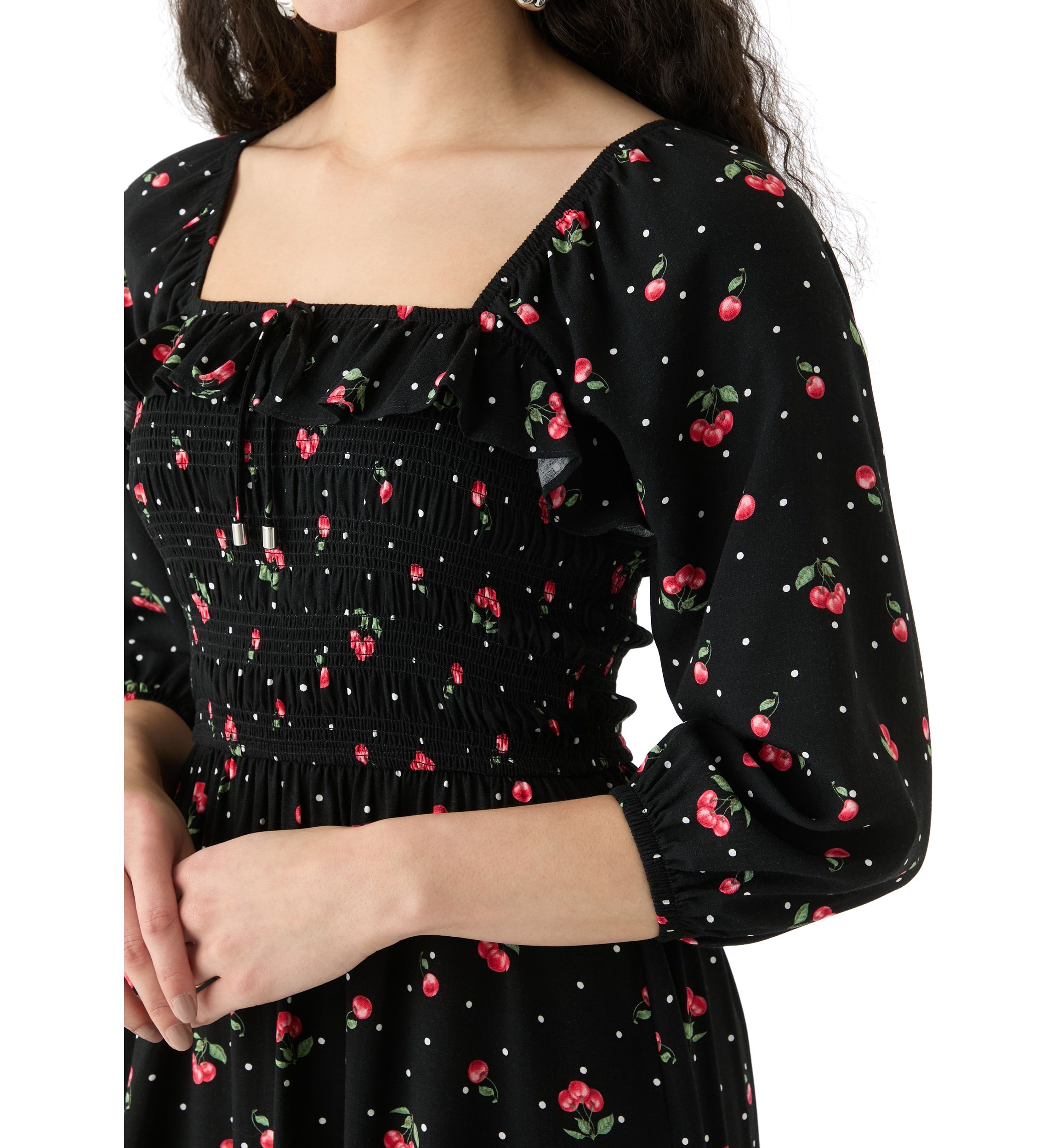 Womens Blouson Sleeve Smocked Midi Dress with Front Ruffle 