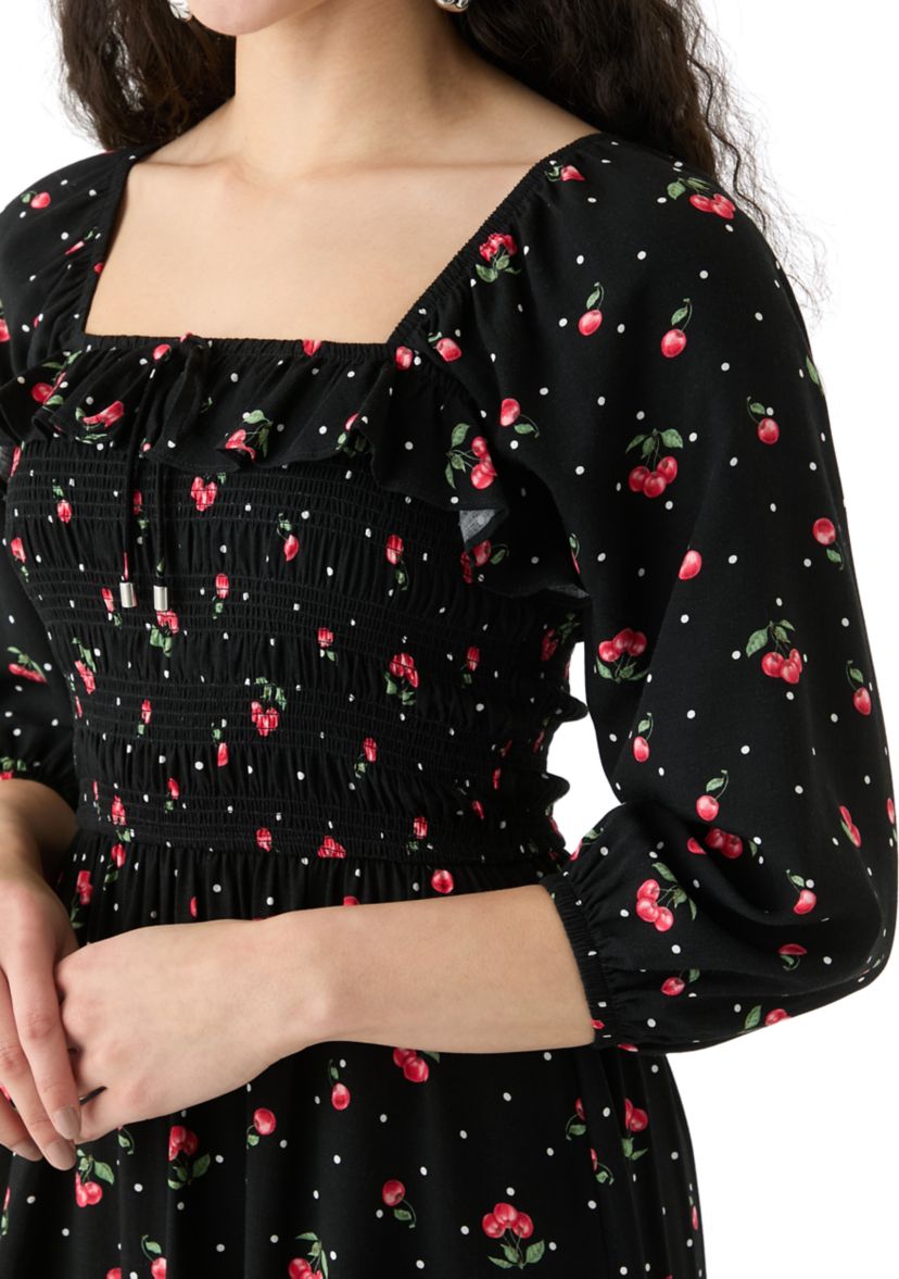 Womens Blouson Sleeve Smocked Midi Dress with Front Ruffle 