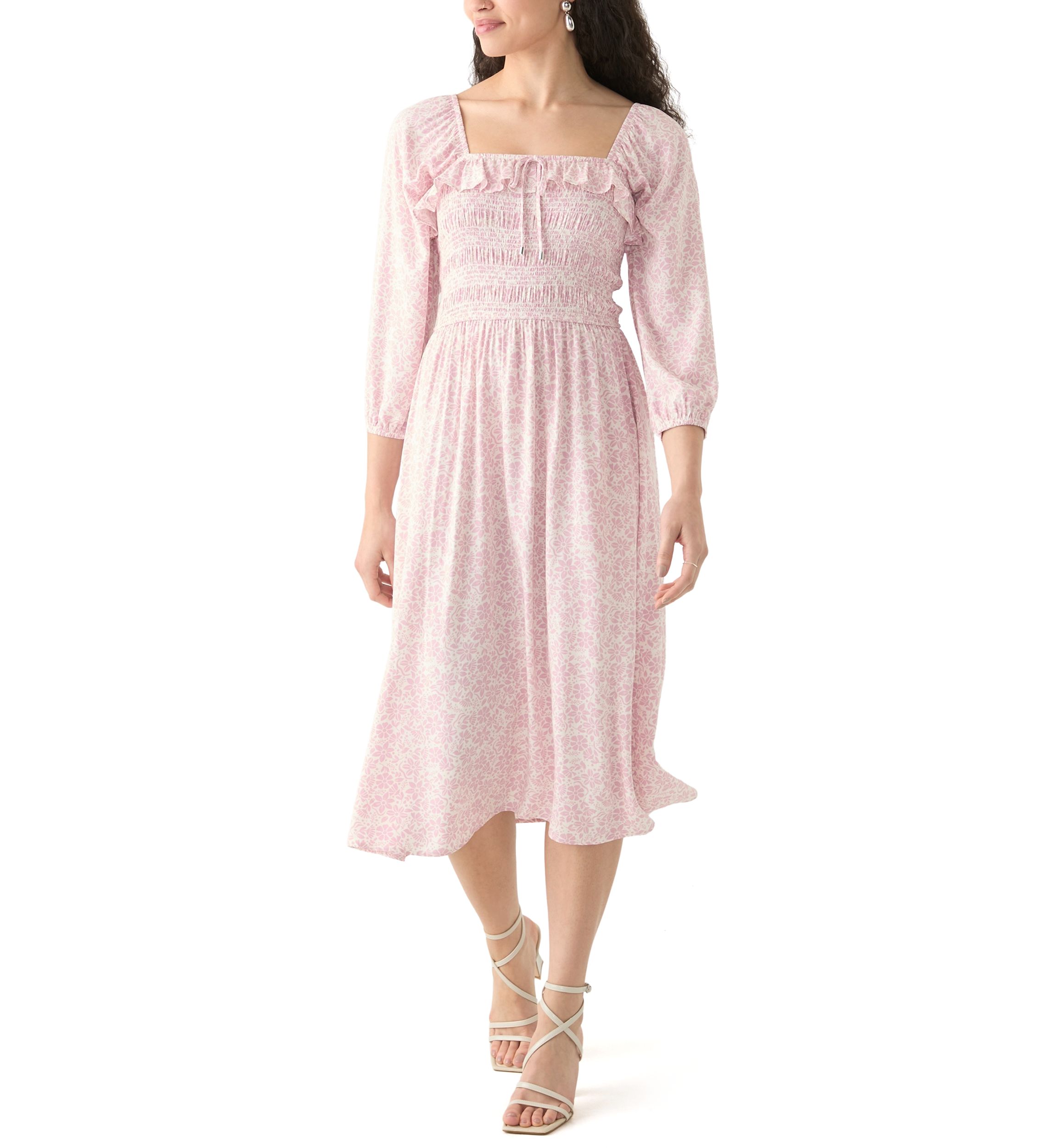   Womens Smocked Midi Dress with Front Ruffle 