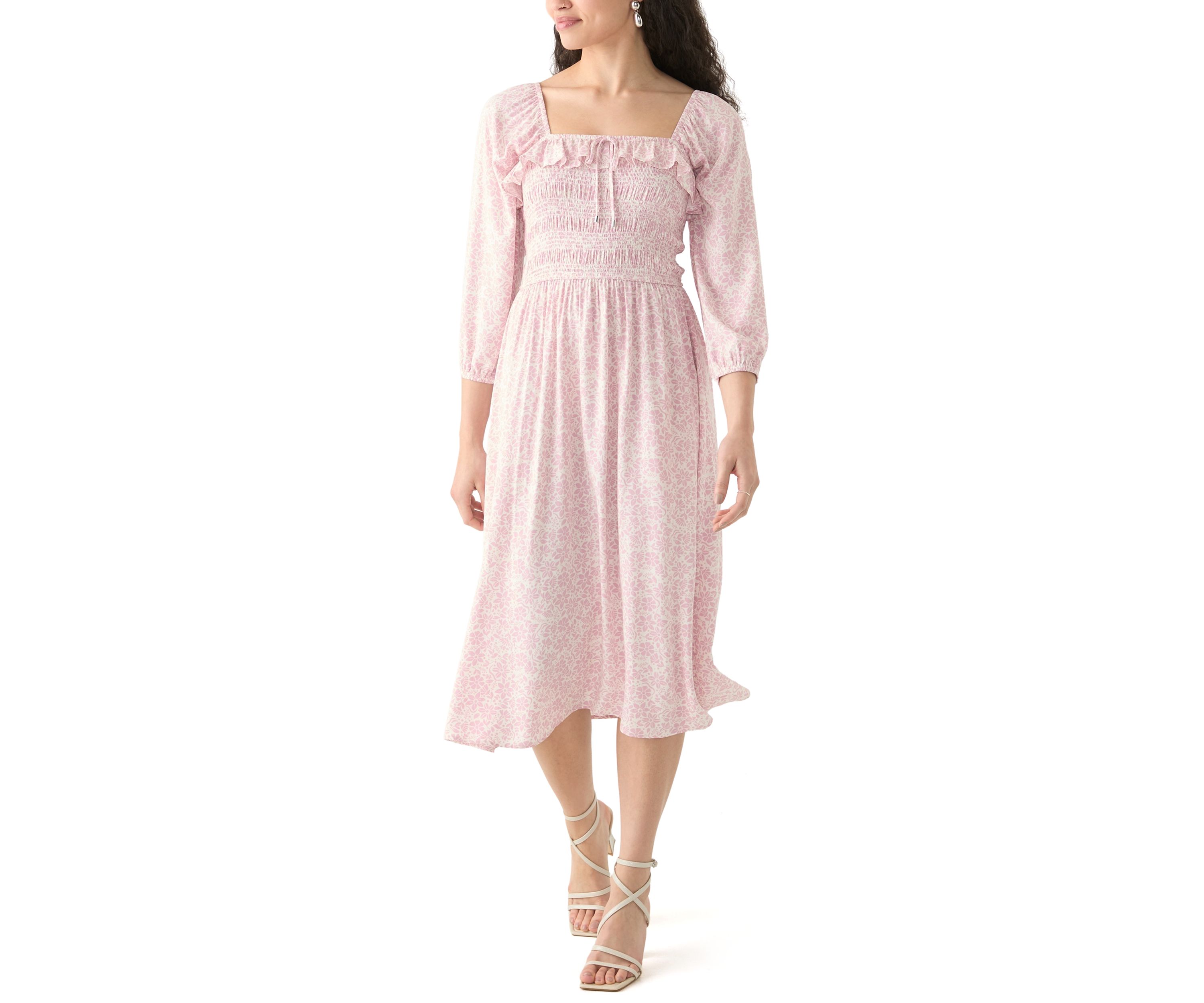   Womens Smocked Midi Dress with Front Ruffle 