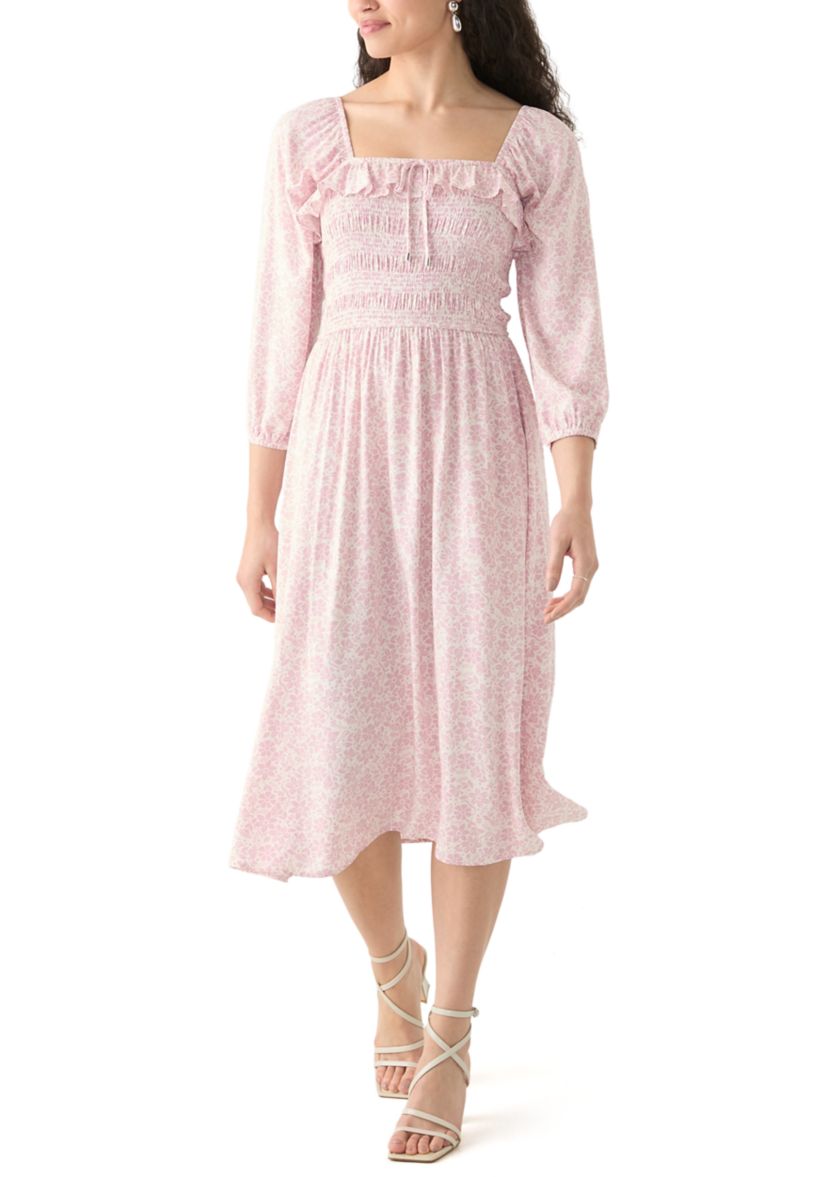   Womens Smocked Midi Dress with Front Ruffle 