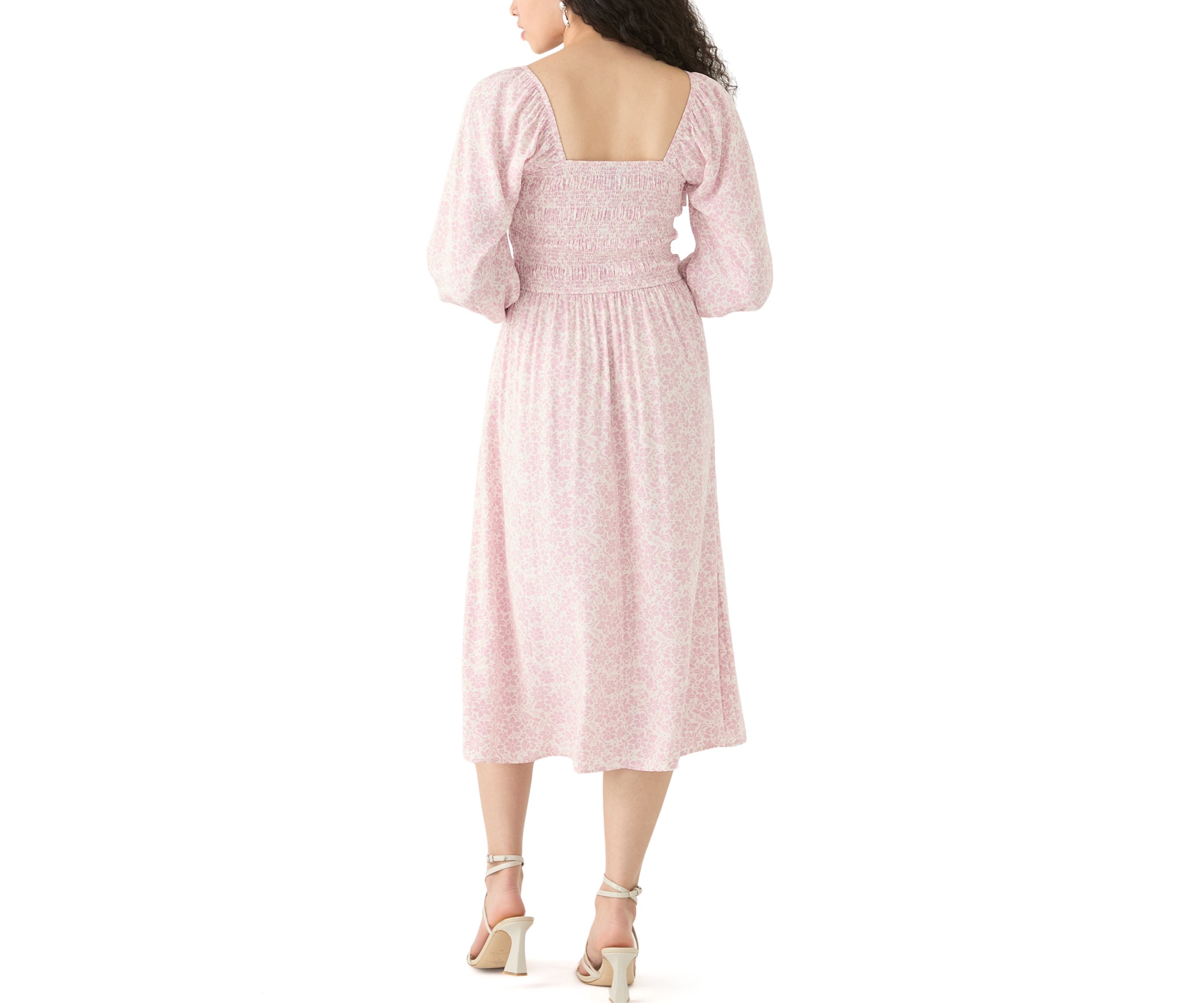   Womens Smocked Midi Dress with Front Ruffle 
