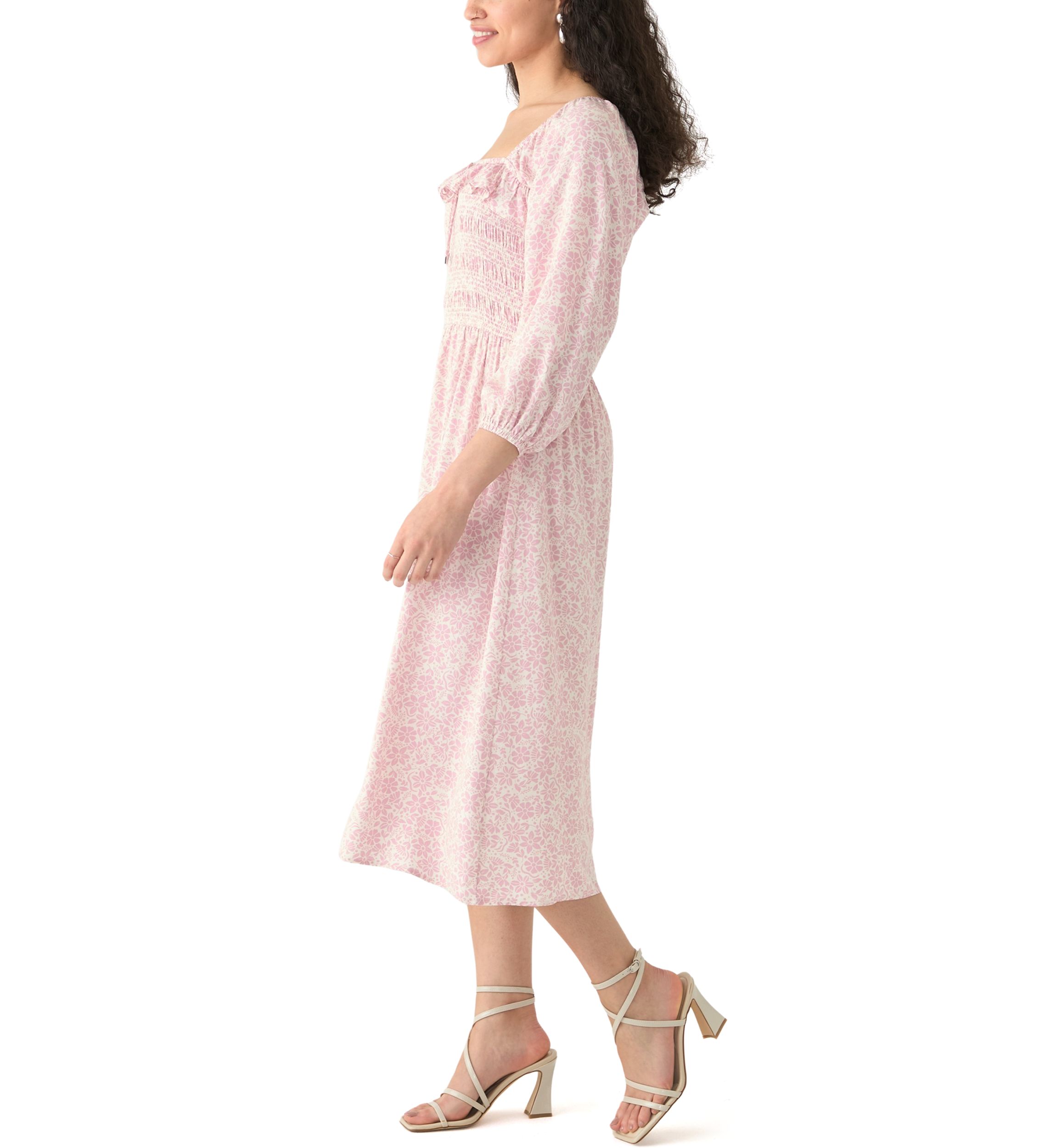   Womens Smocked Midi Dress with Front Ruffle 