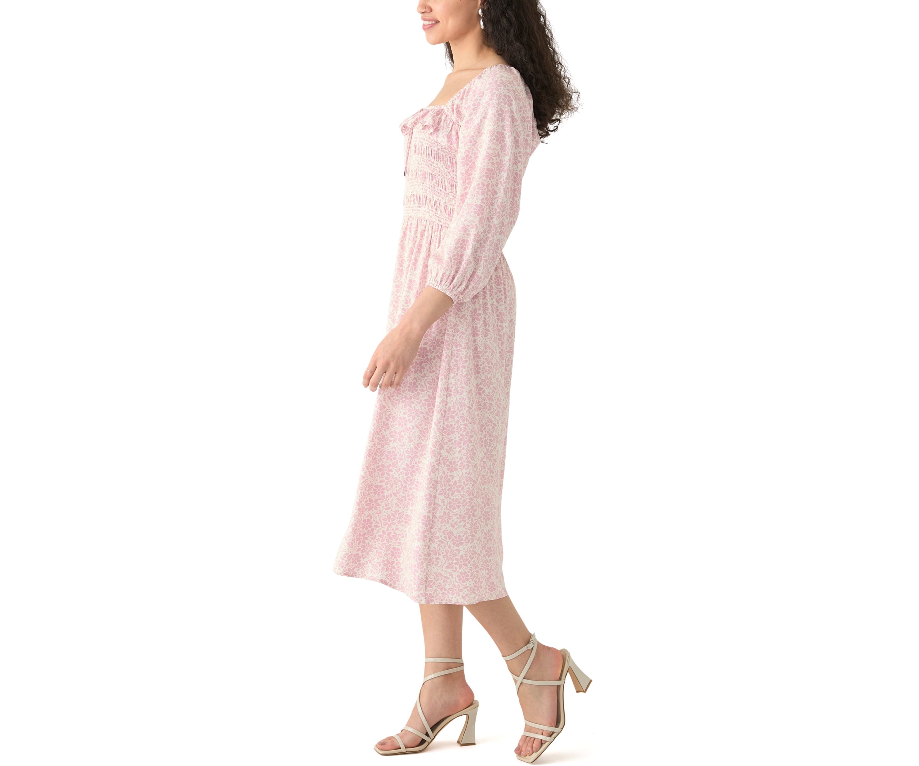   Womens Smocked Midi Dress with Front Ruffle 