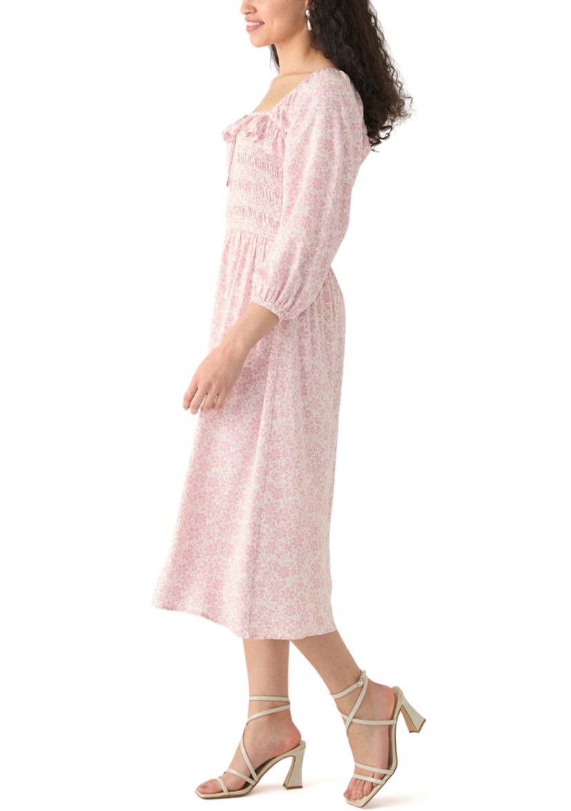   Womens Smocked Midi Dress with Front Ruffle 