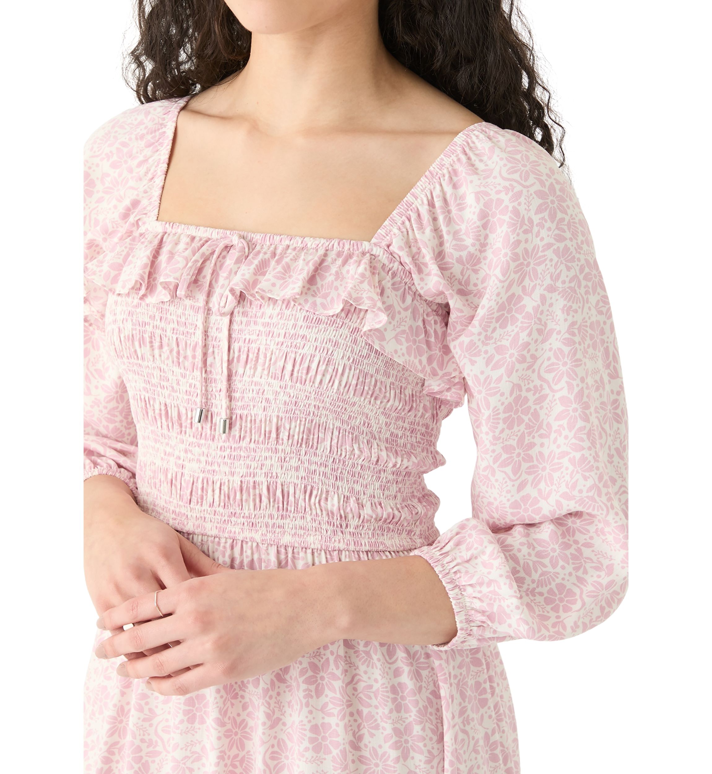   Womens Smocked Midi Dress with Front Ruffle 