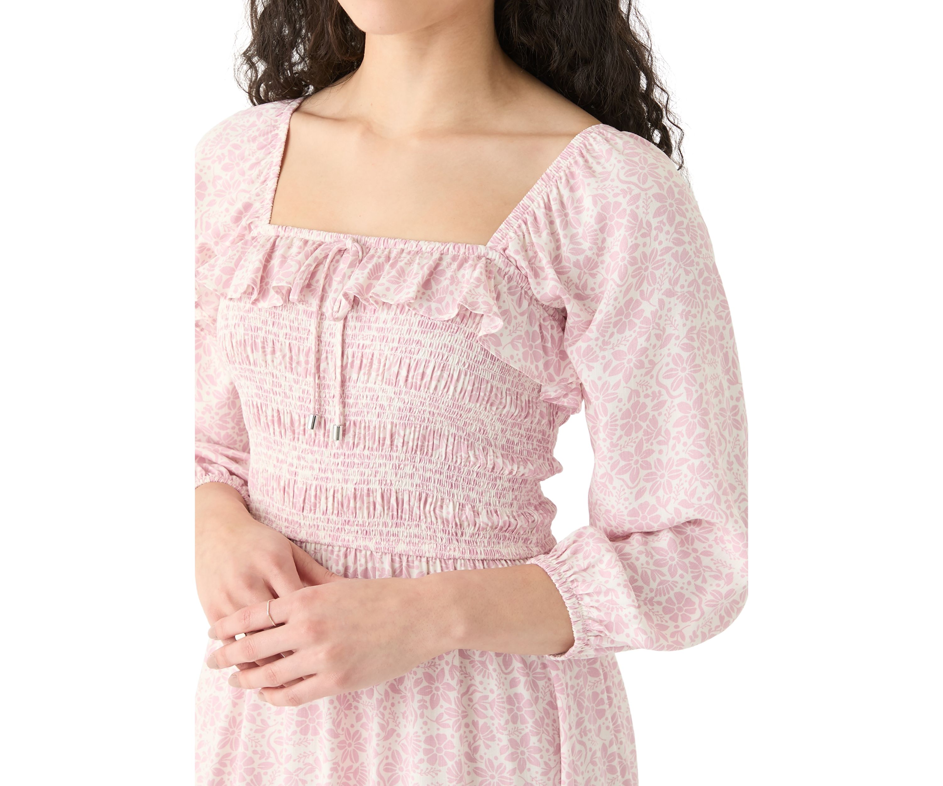   Womens Smocked Midi Dress with Front Ruffle 