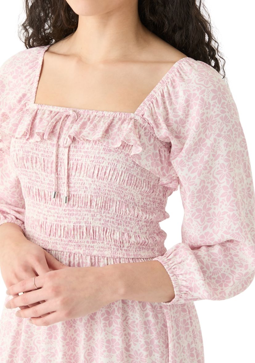   Womens Smocked Midi Dress with Front Ruffle 