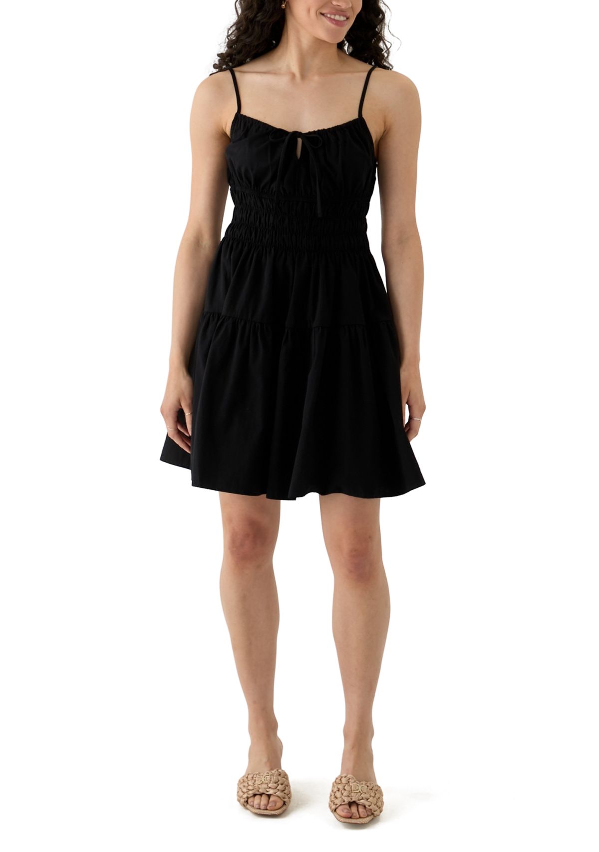 Womens Smocked Keyhole Neck Mini Dress