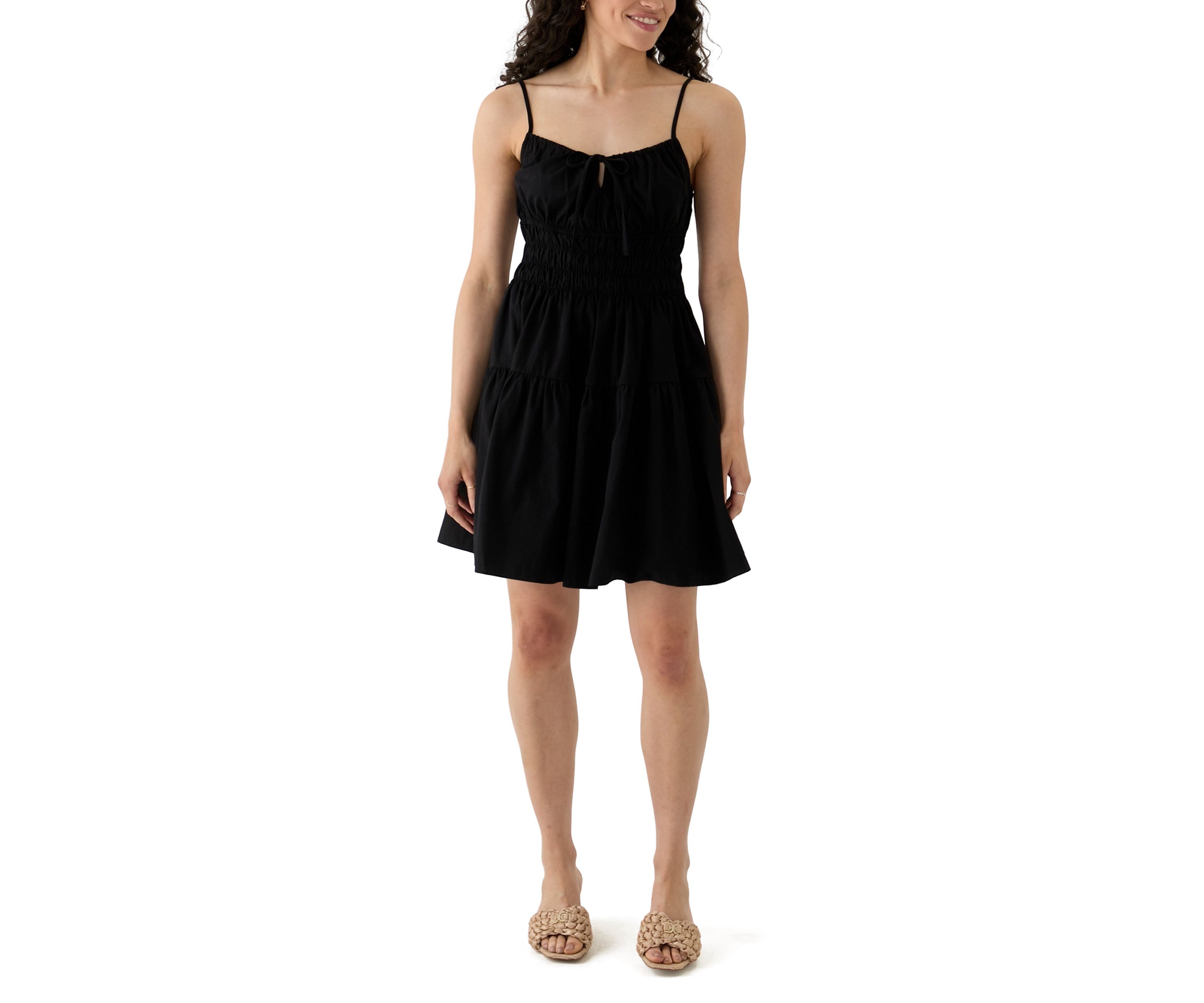 Womens Smocked Keyhole Neck Mini Dress