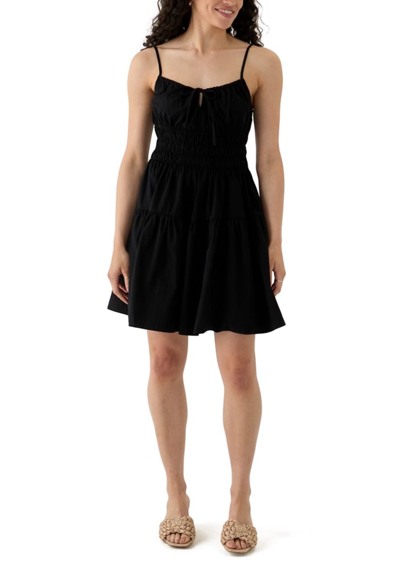 Womens Smocked Keyhole Neck Mini Dress