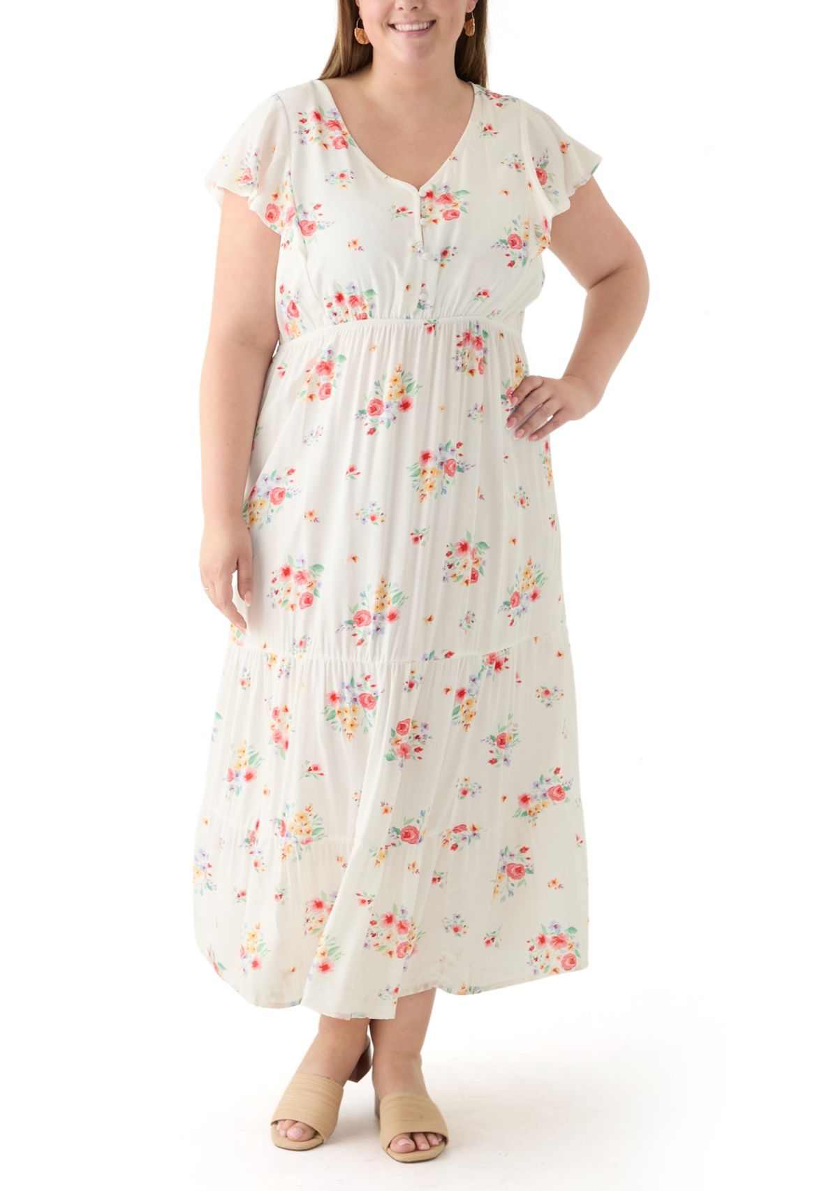 Plus Size Flutter Sleeve Printed Midi Dress