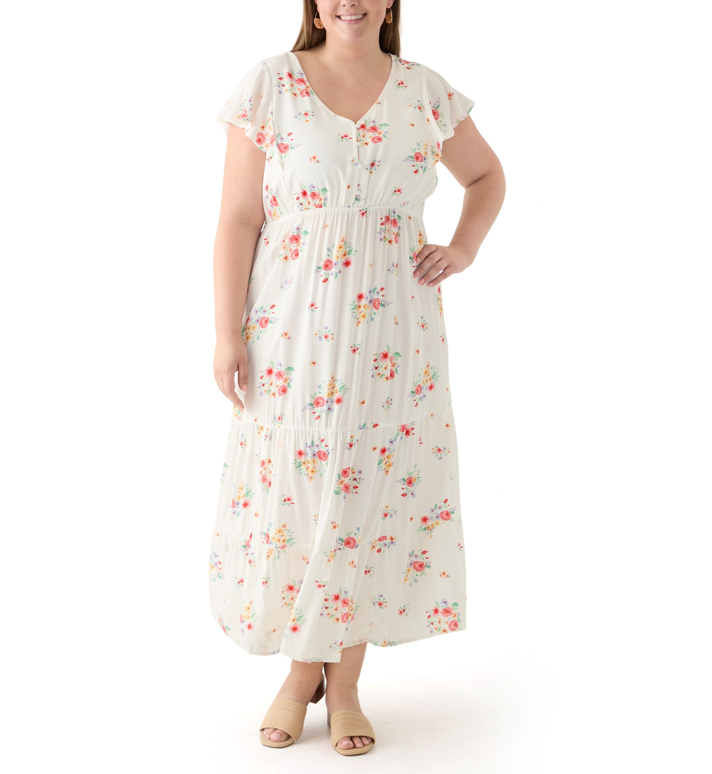 Plus Size Flutter Sleeve Printed Midi Dress