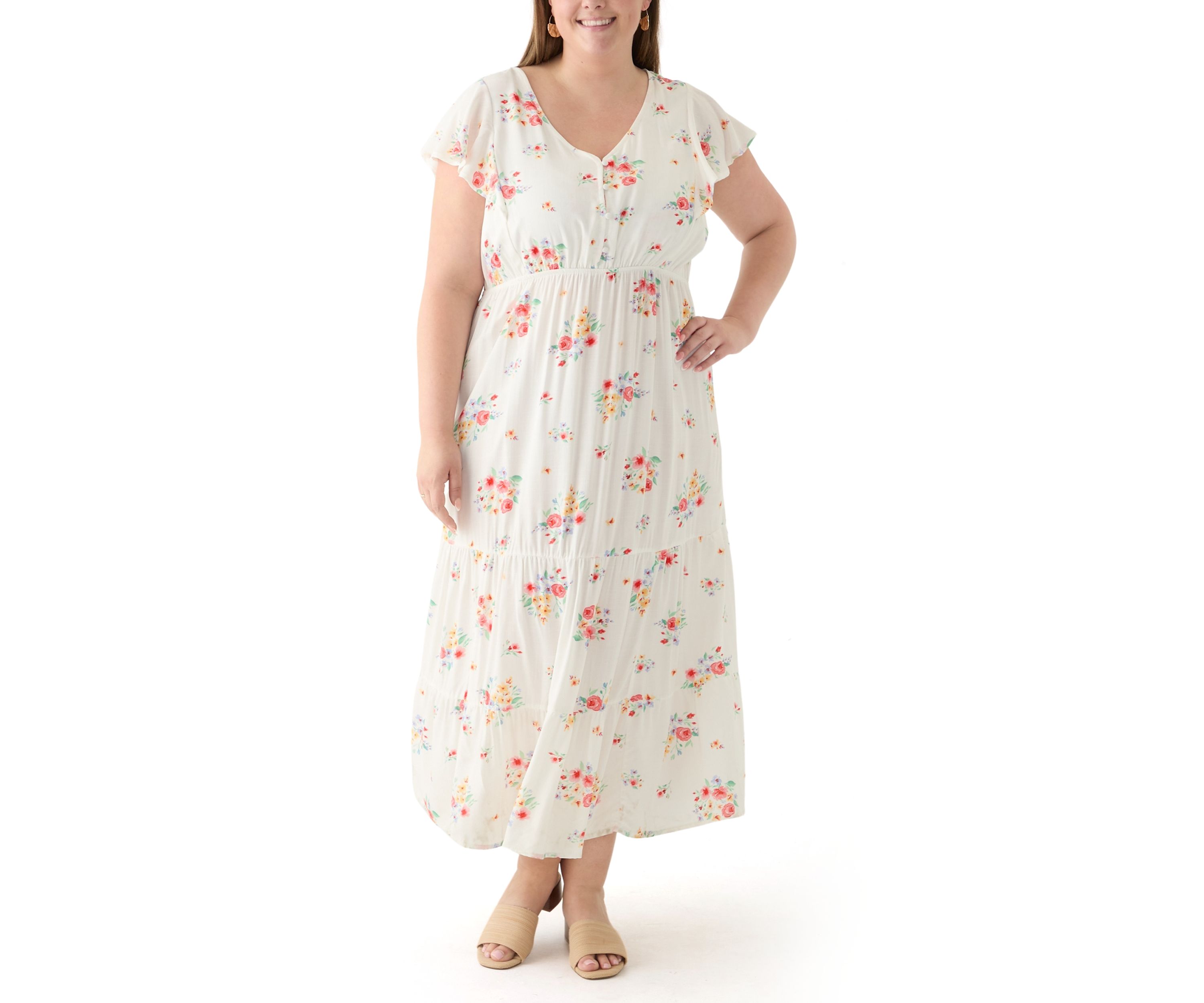Plus Size Flutter Sleeve Printed Midi Dress