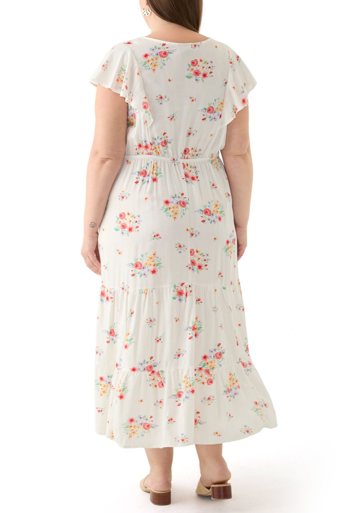 Plus Size Flutter Sleeve Printed Midi Dress