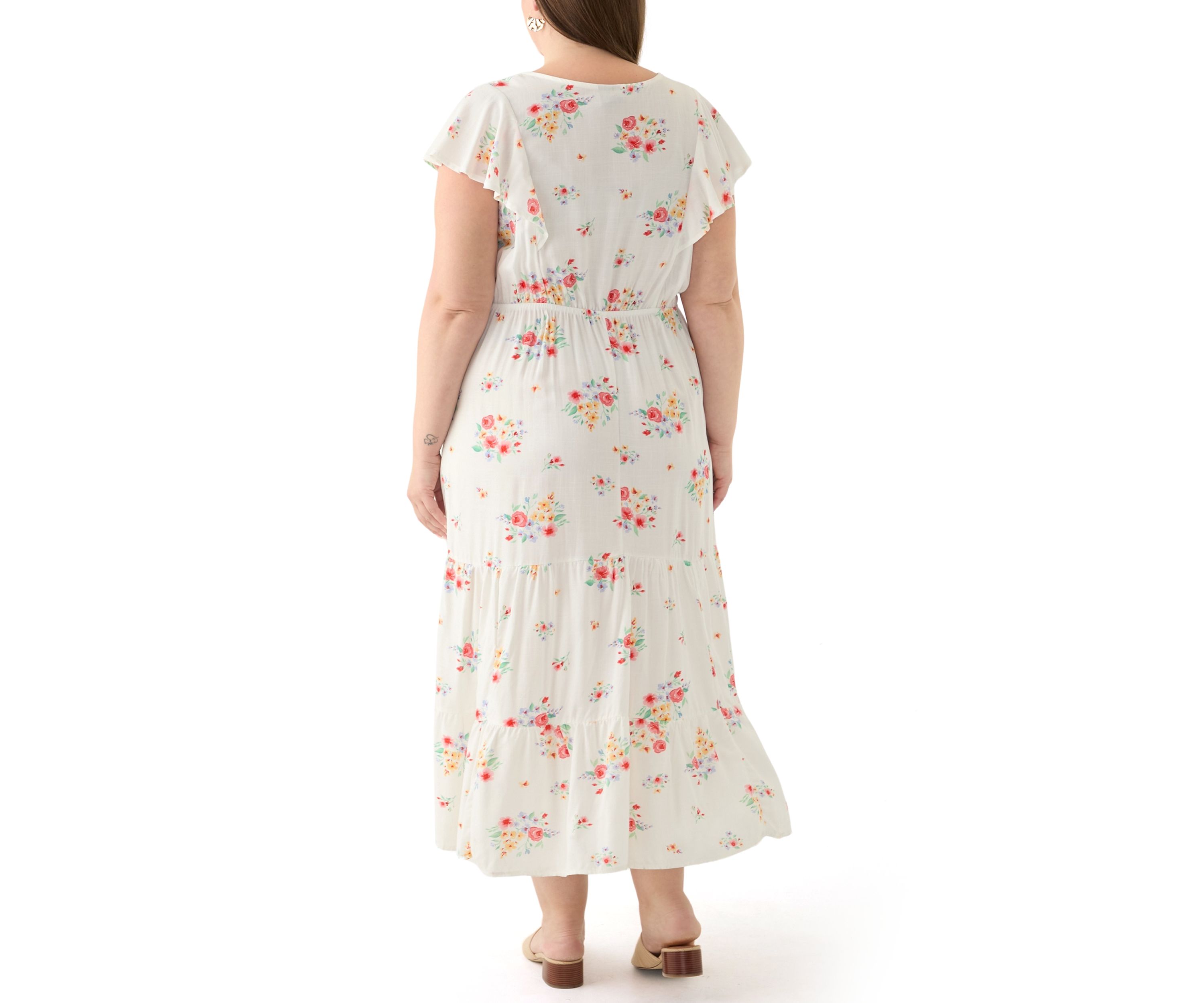 Plus Size Flutter Sleeve Printed Midi Dress