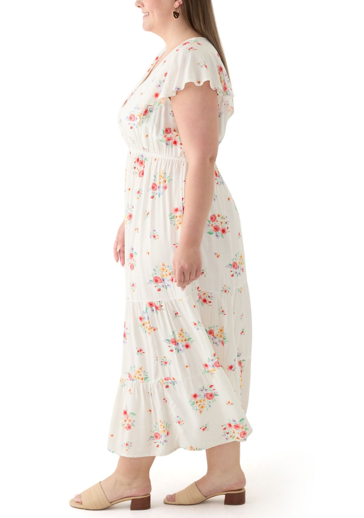 Plus Size Flutter Sleeve Printed Midi Dress
