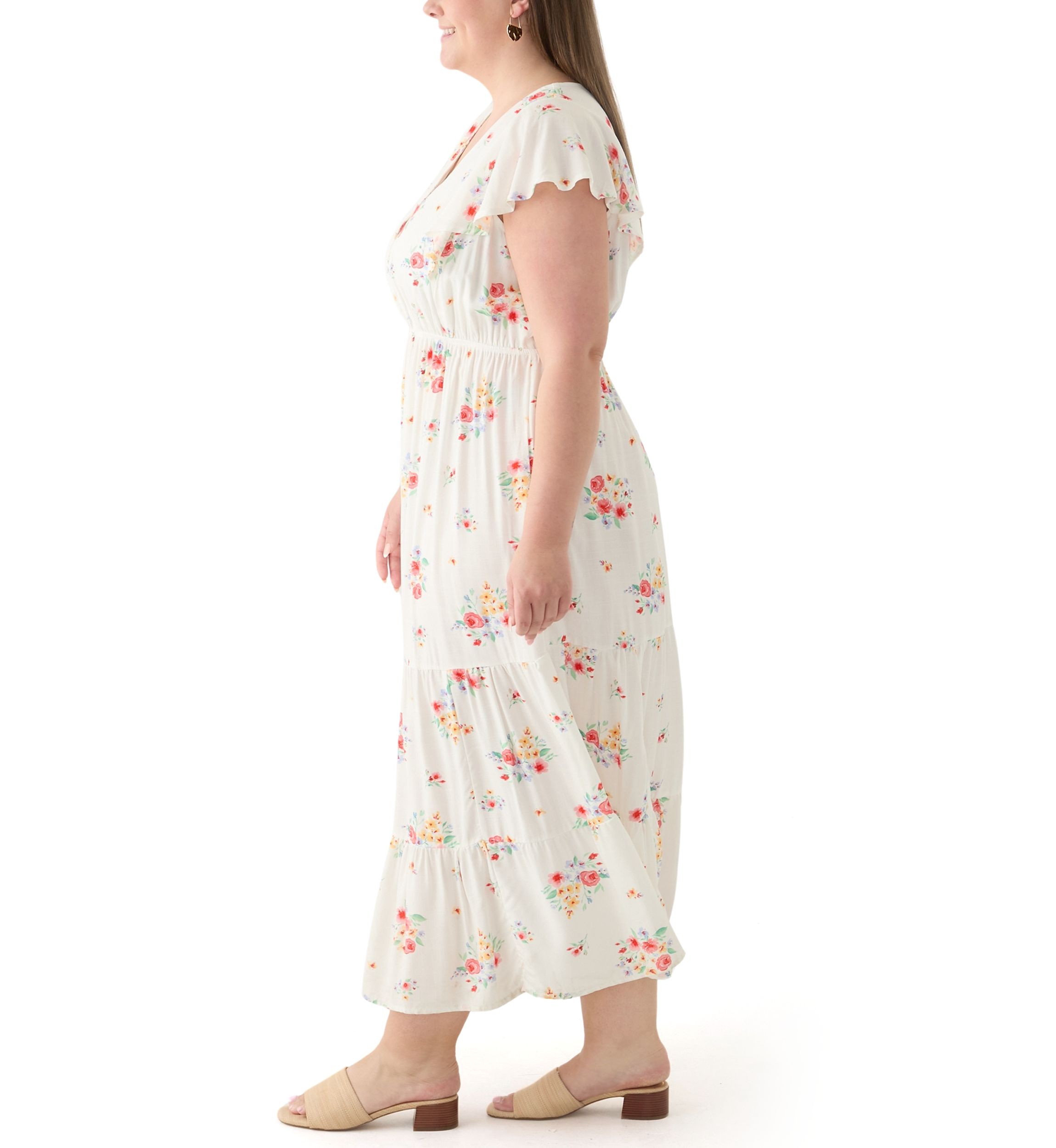 Plus Size Flutter Sleeve Printed Midi Dress
