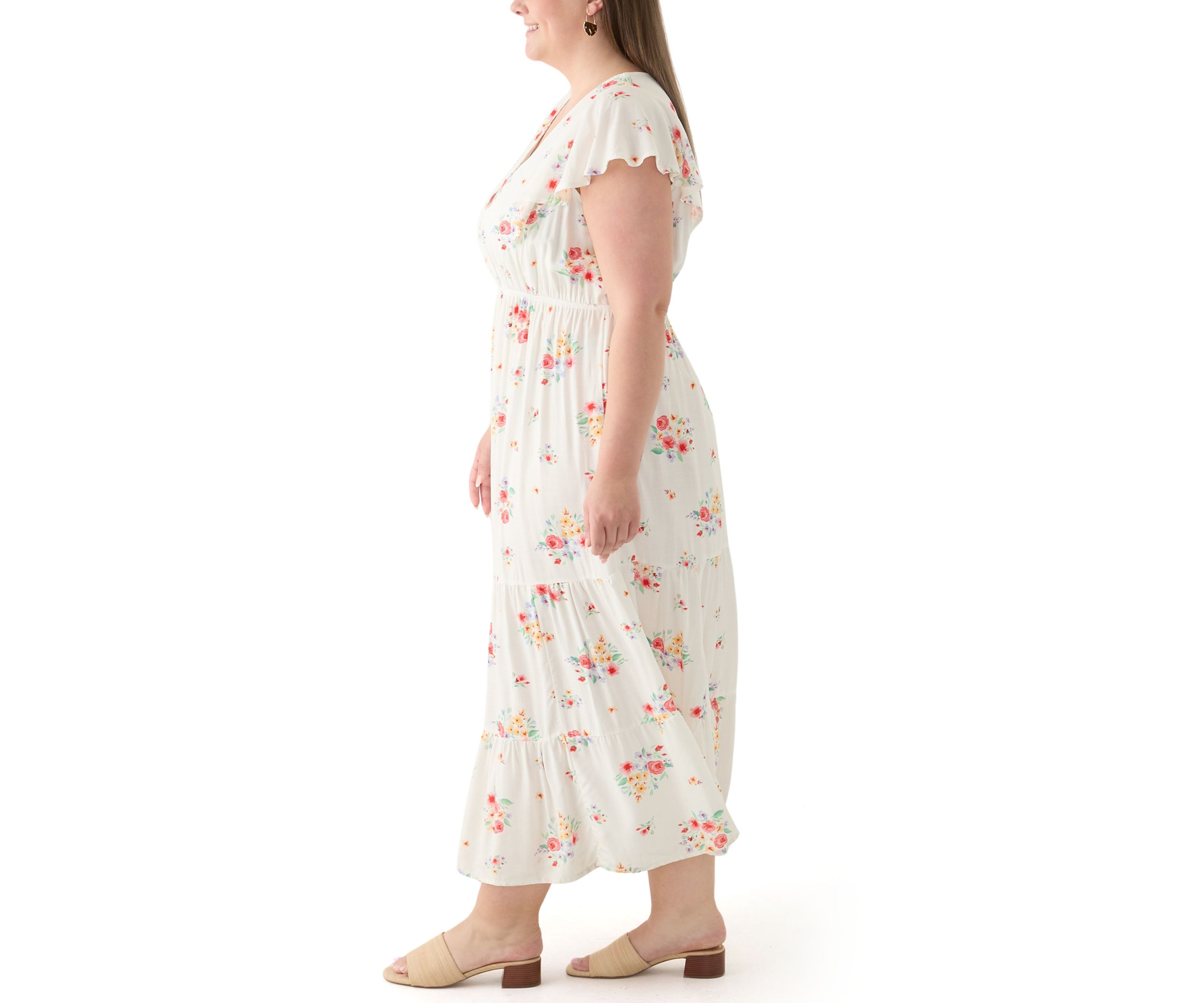 Plus Size Flutter Sleeve Printed Midi Dress