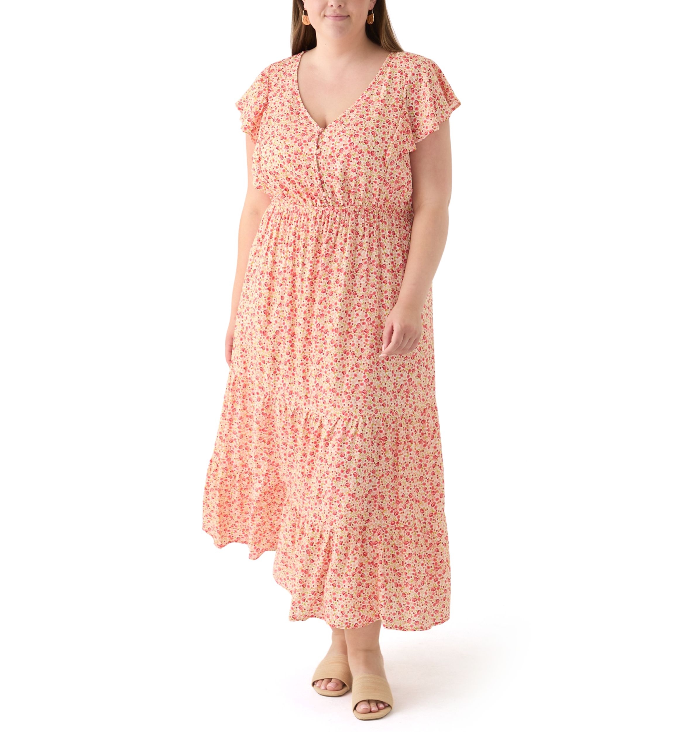 Plus Size Printed Flutter Sleeve Midi Dress