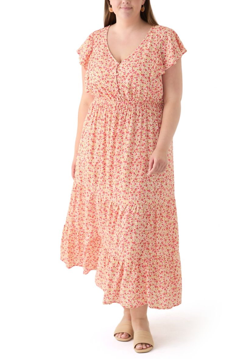 Plus Size Printed Flutter Sleeve Midi Dress