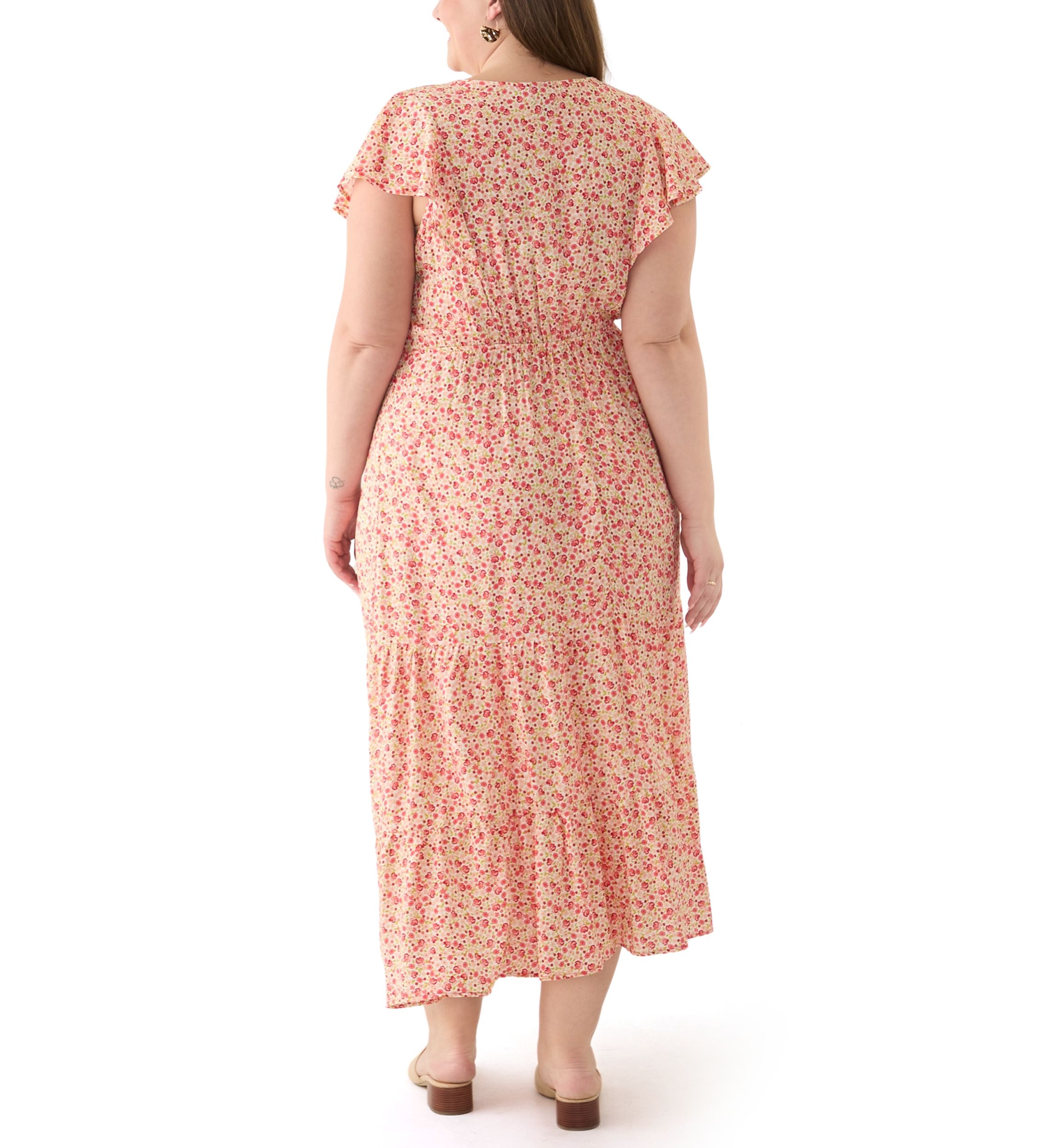 Plus Size Printed Flutter Sleeve Midi Dress