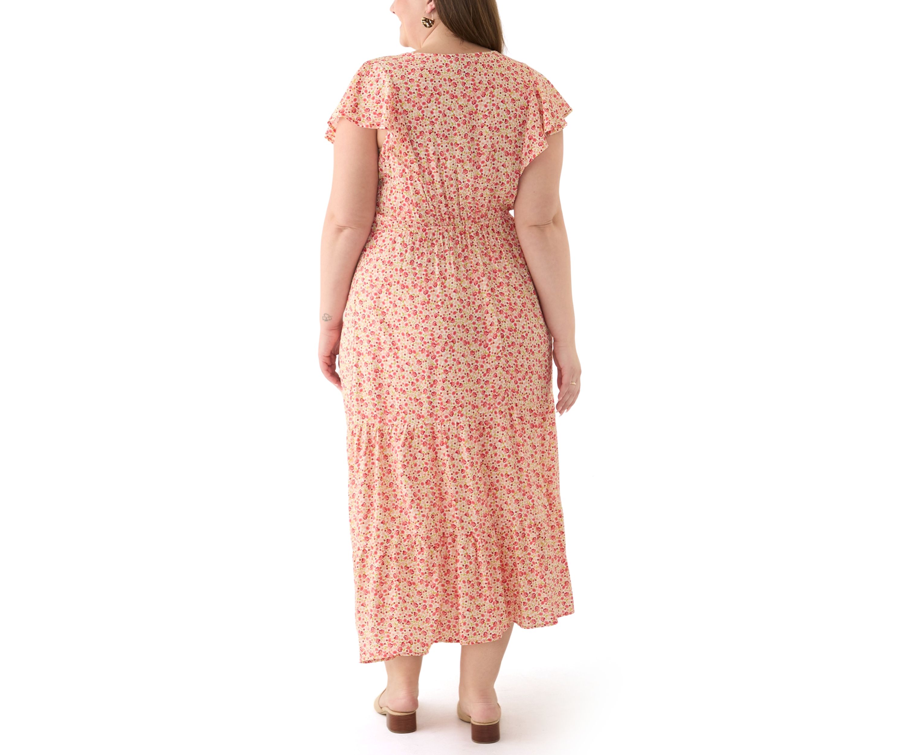 Plus Size Printed Flutter Sleeve Midi Dress