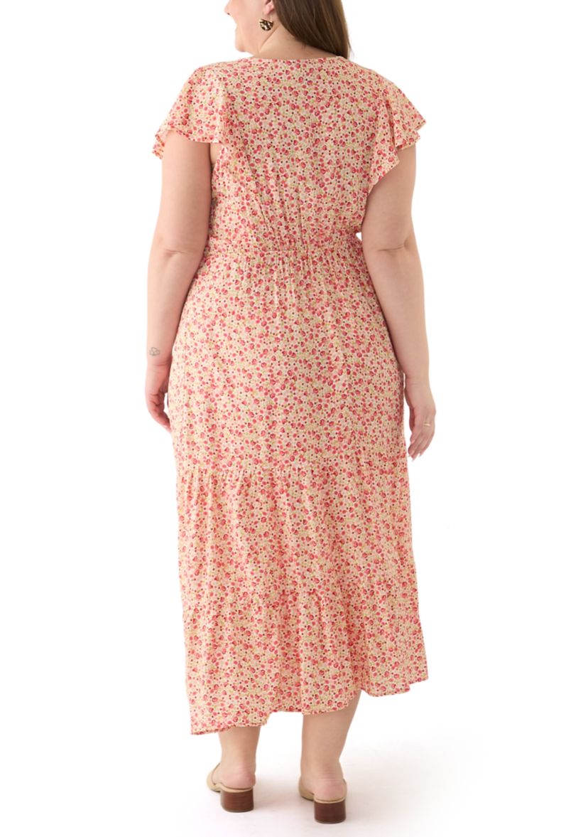 Plus Size Printed Flutter Sleeve Midi Dress