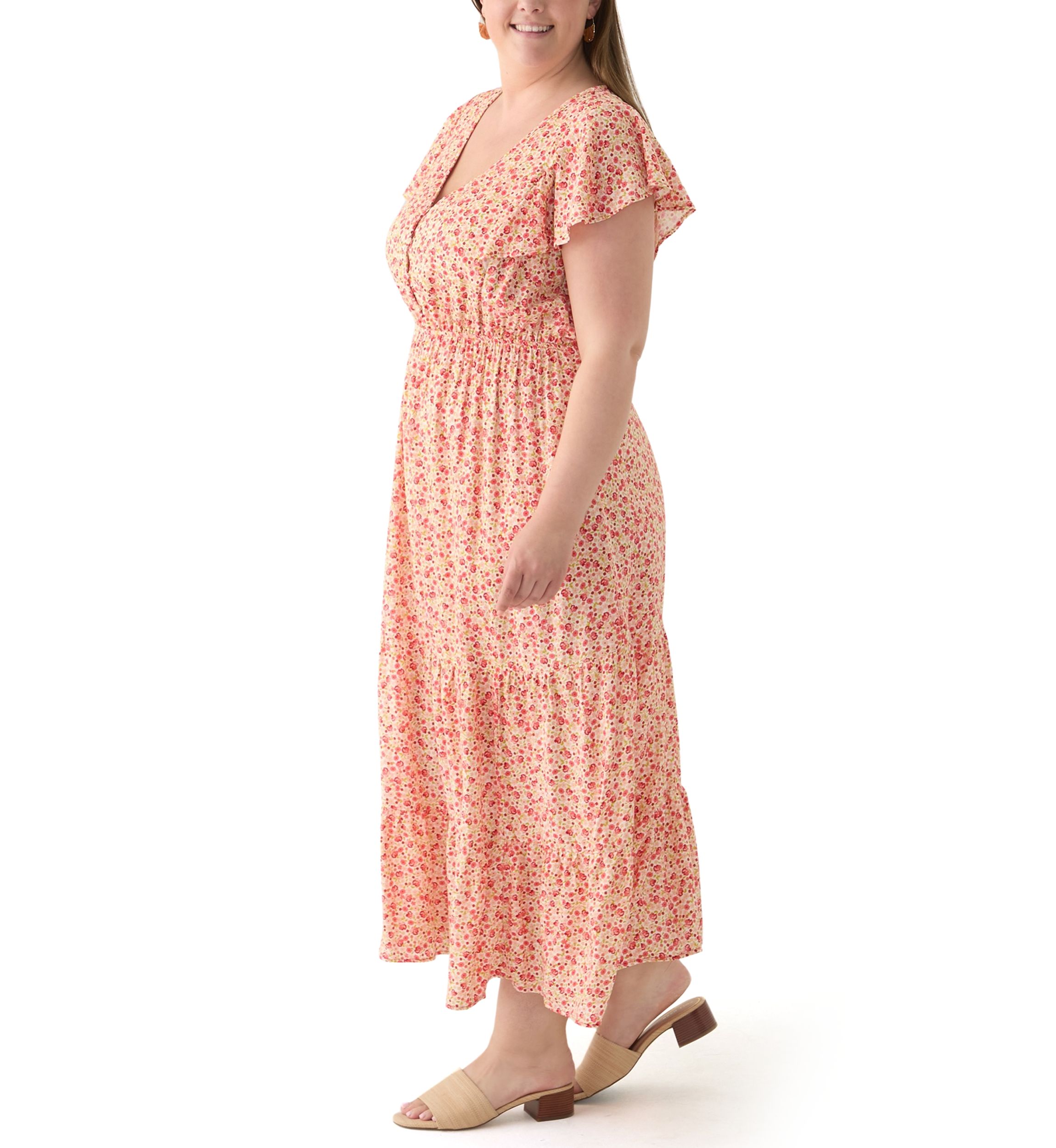 Plus Size Printed Flutter Sleeve Midi Dress
