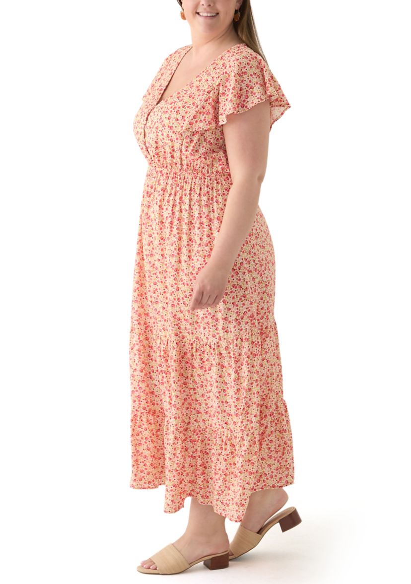 Plus Size Printed Flutter Sleeve Midi Dress