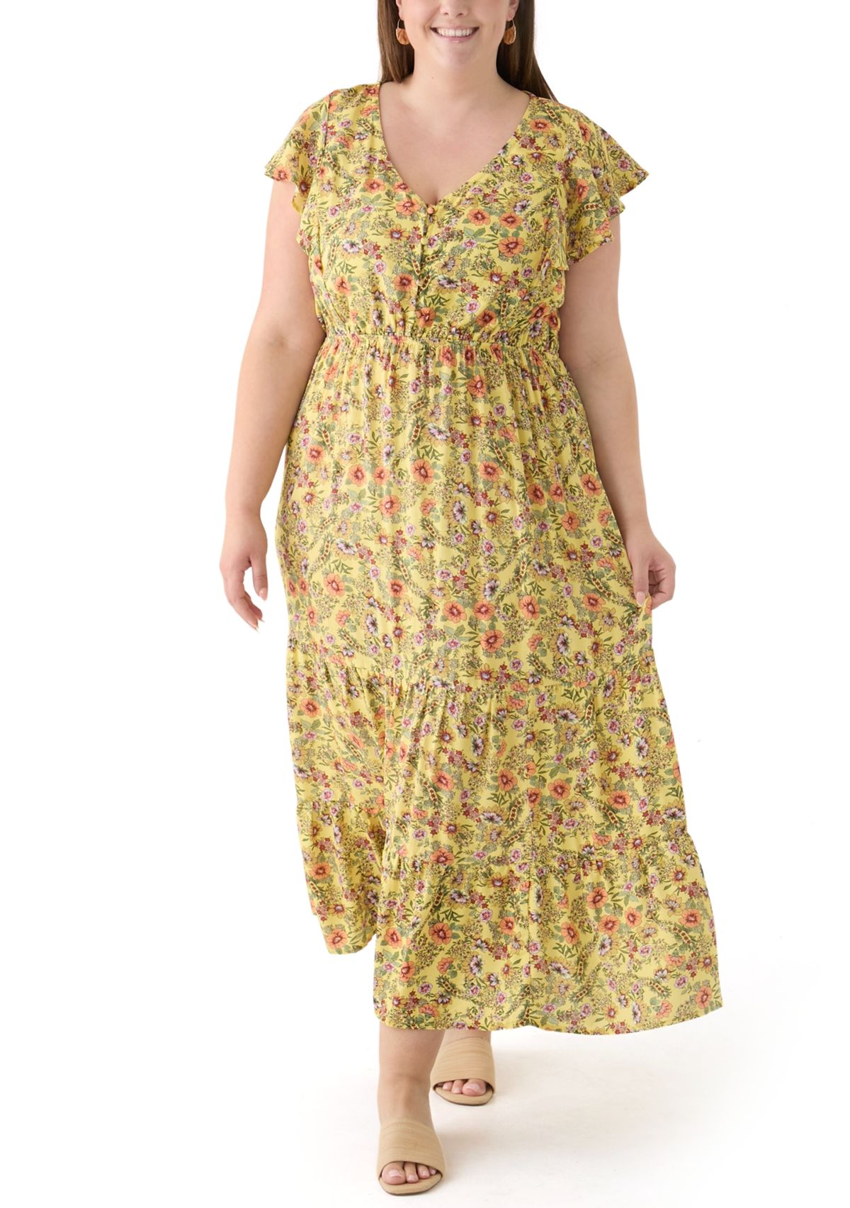 Plus Size Printed Flutter Sleeve Dress